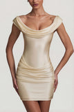 Satin Off Shoulder Draped Mini Dress in Ivory
