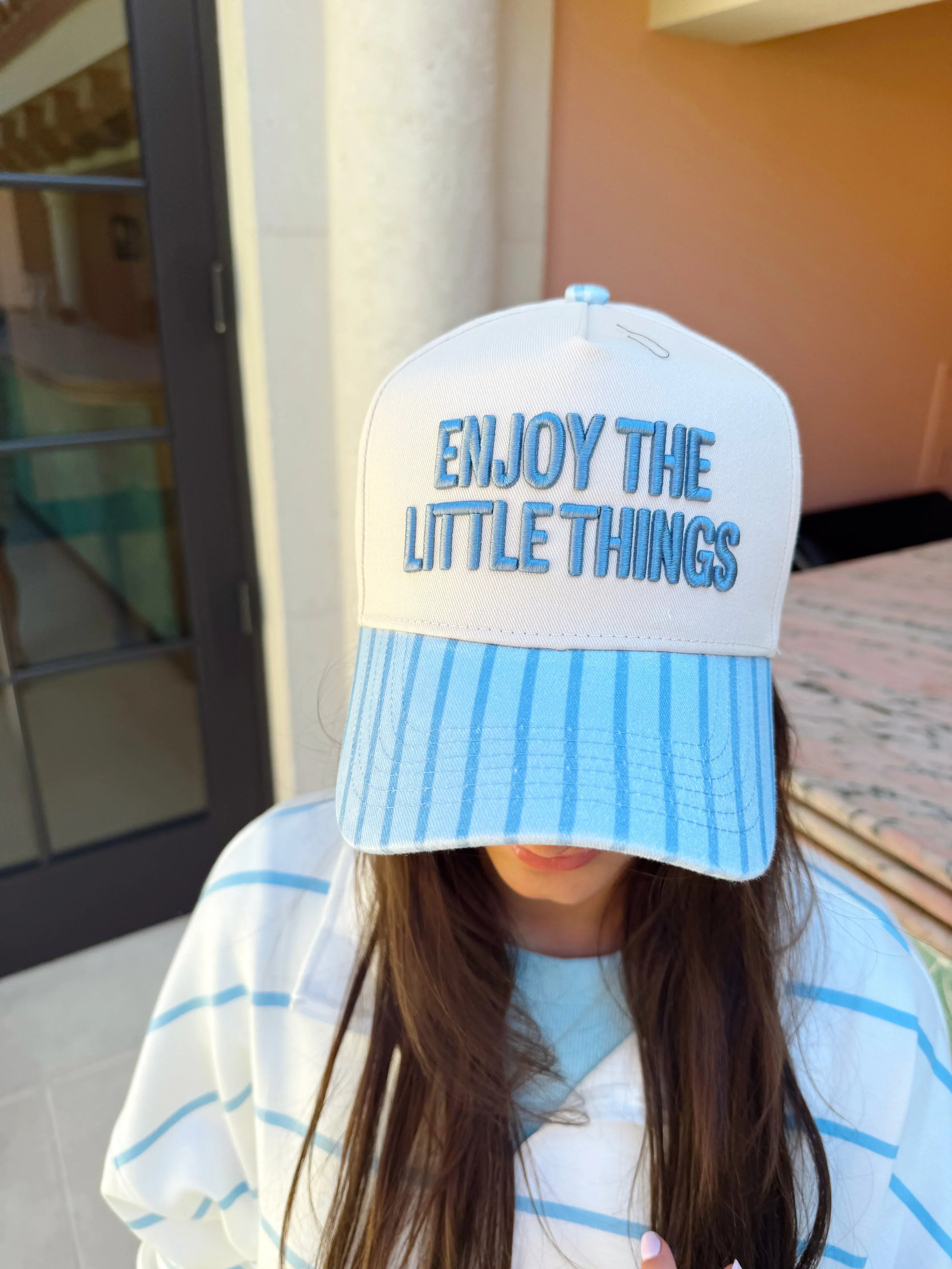 KenzKustomz Blue Stripe Vintage Trucker Hat Enjoy the Little Things