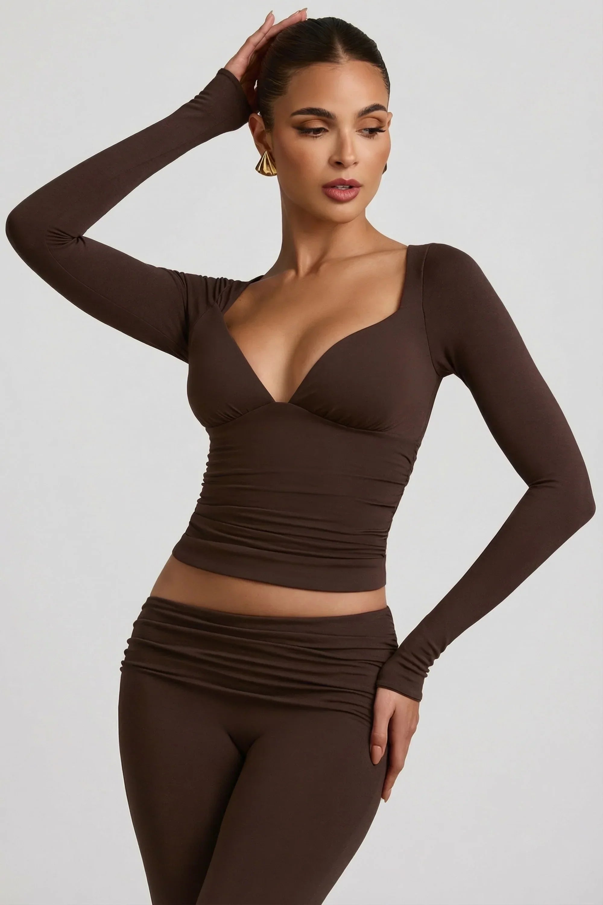 Modal Ruched Long Sleeve Top in Chocolate Brown