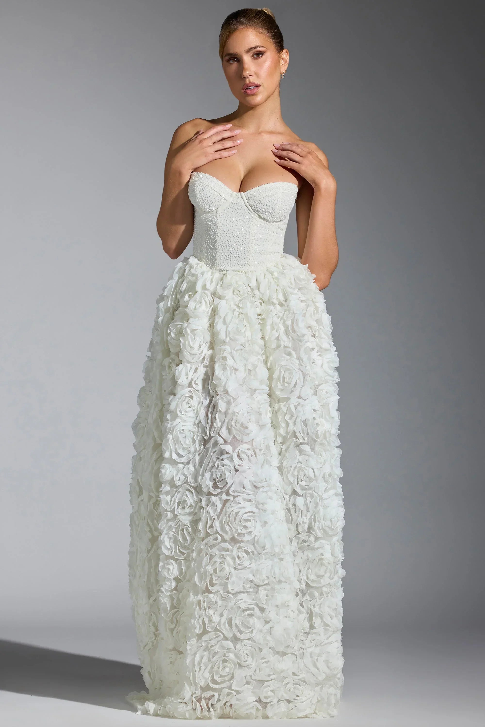 Embellished Floral Appliqué Corset Gown in White