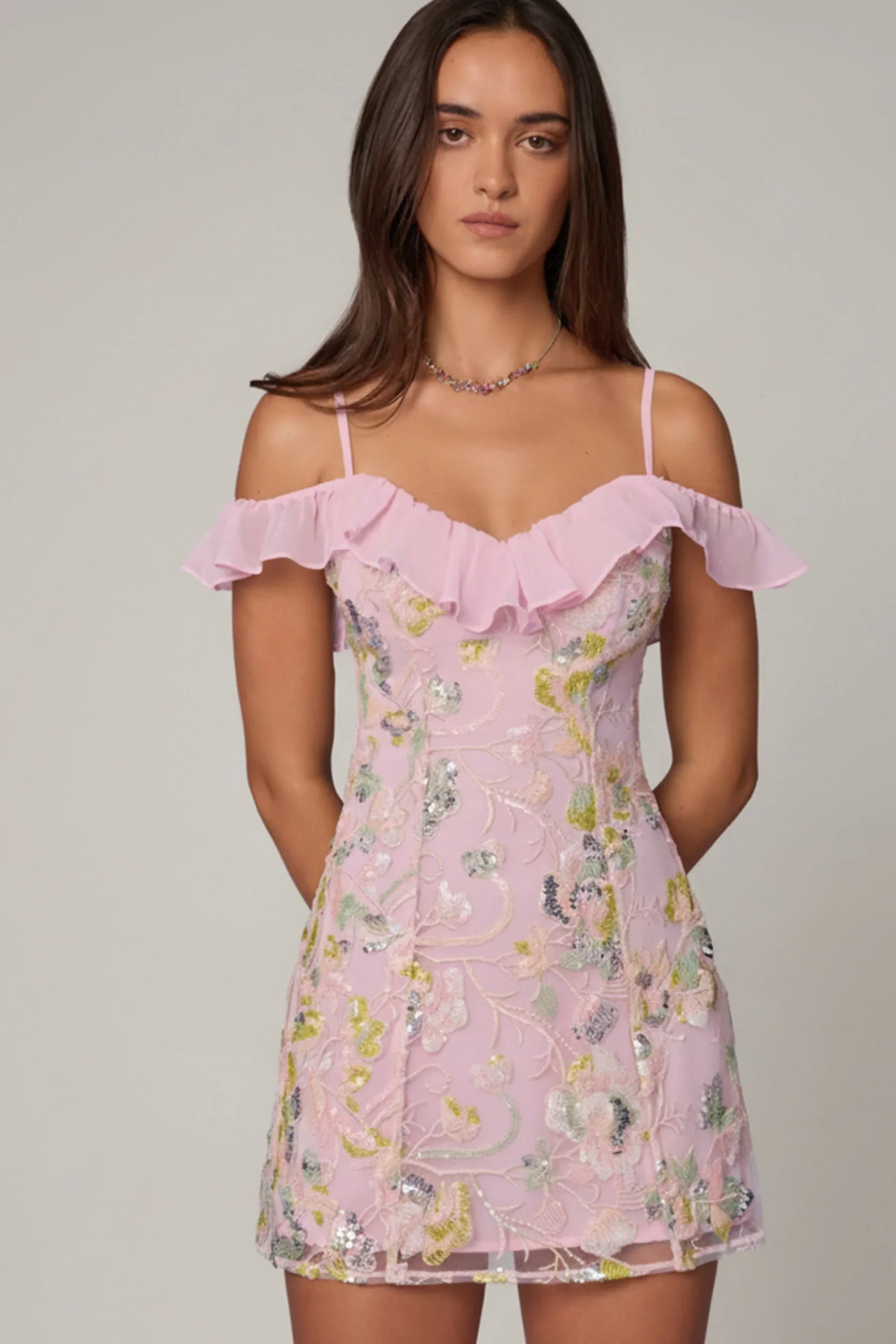 Embellished Lace Up A Line Mini Dress in Soft Pink