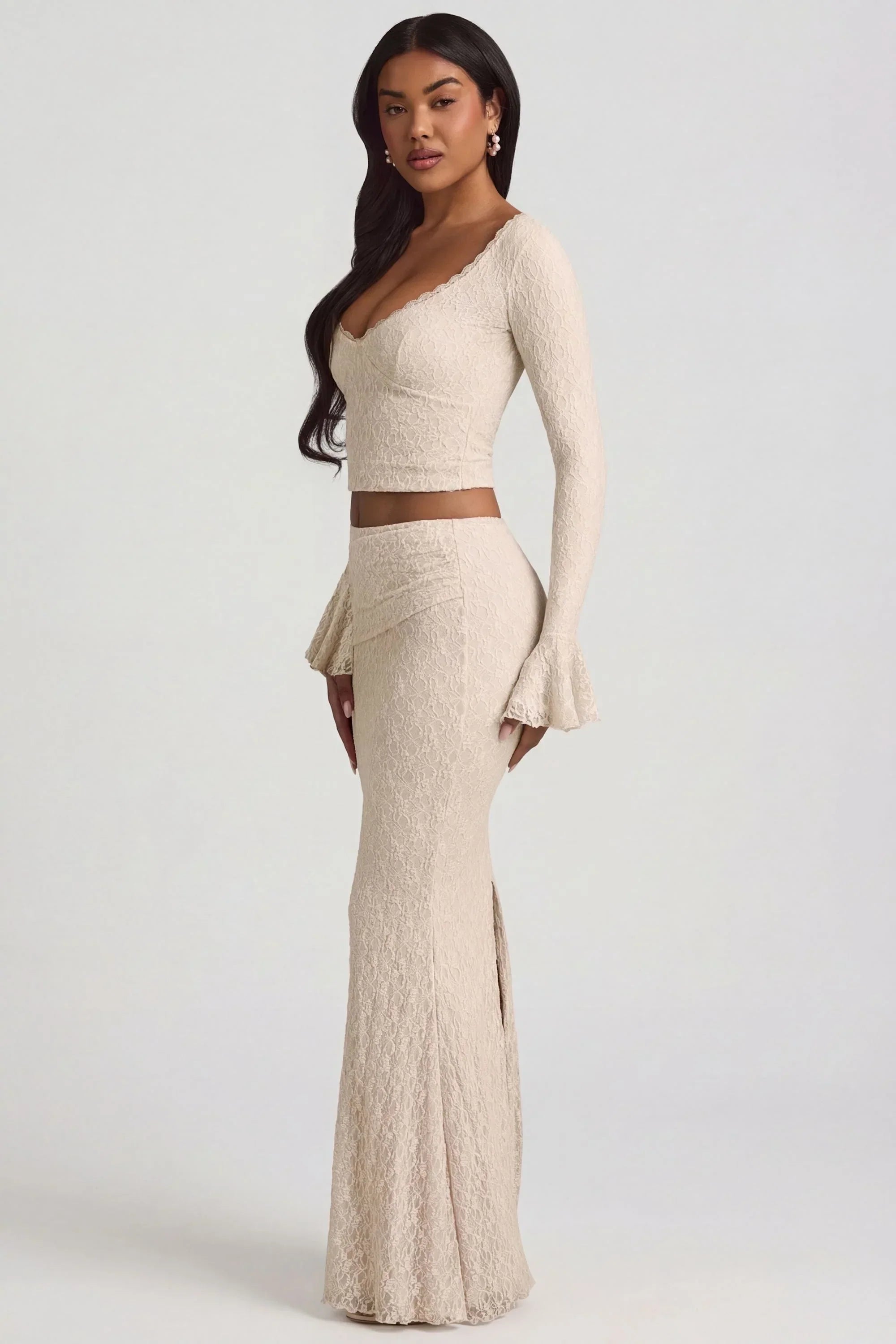 Draped Low Rise Lace Maxi Skirt in Ivory