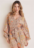 Linen Tie Waist Romper Medallion Golden Patchwork