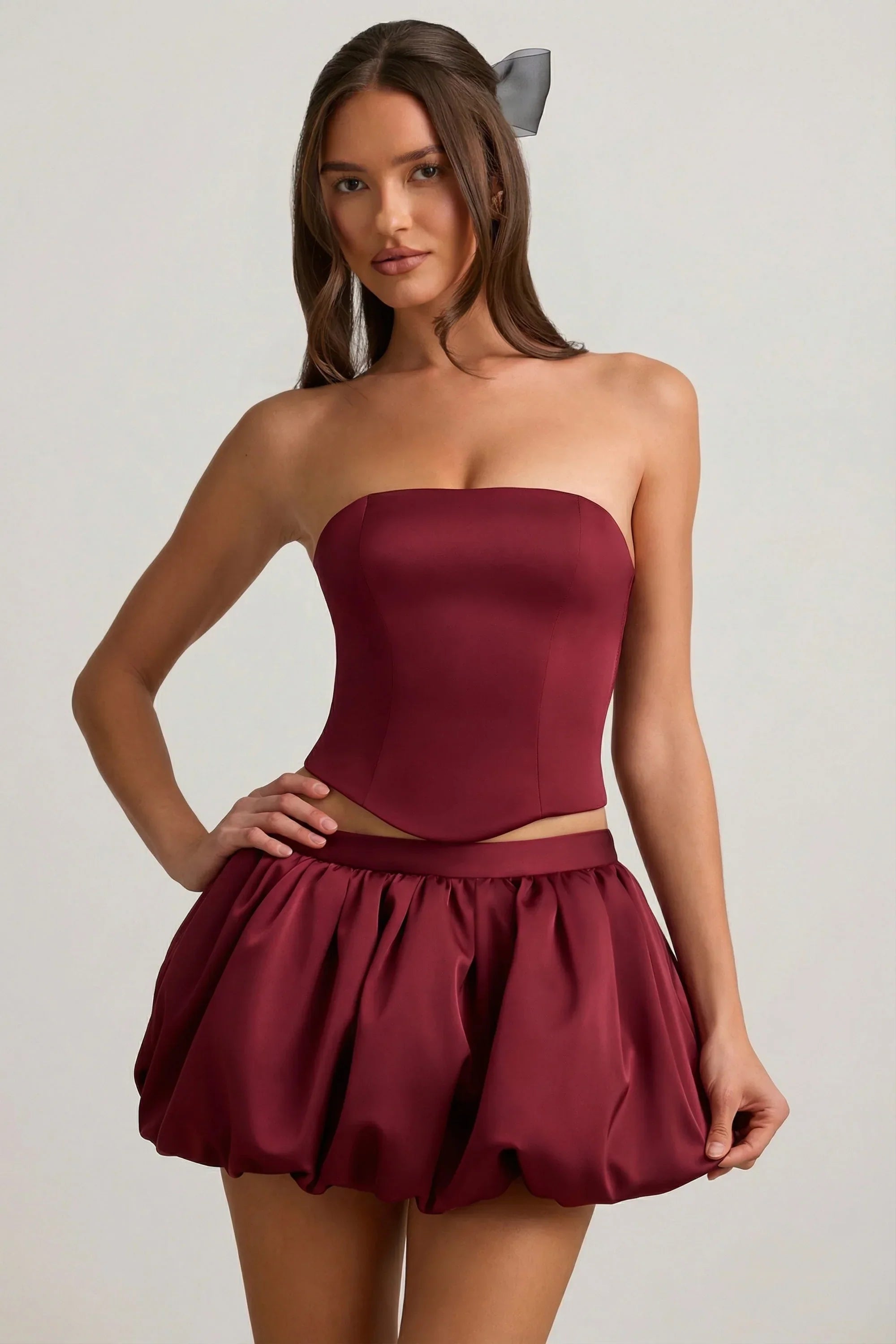 Bubble Hem Mid Rise Mini Skirt in Wine Red