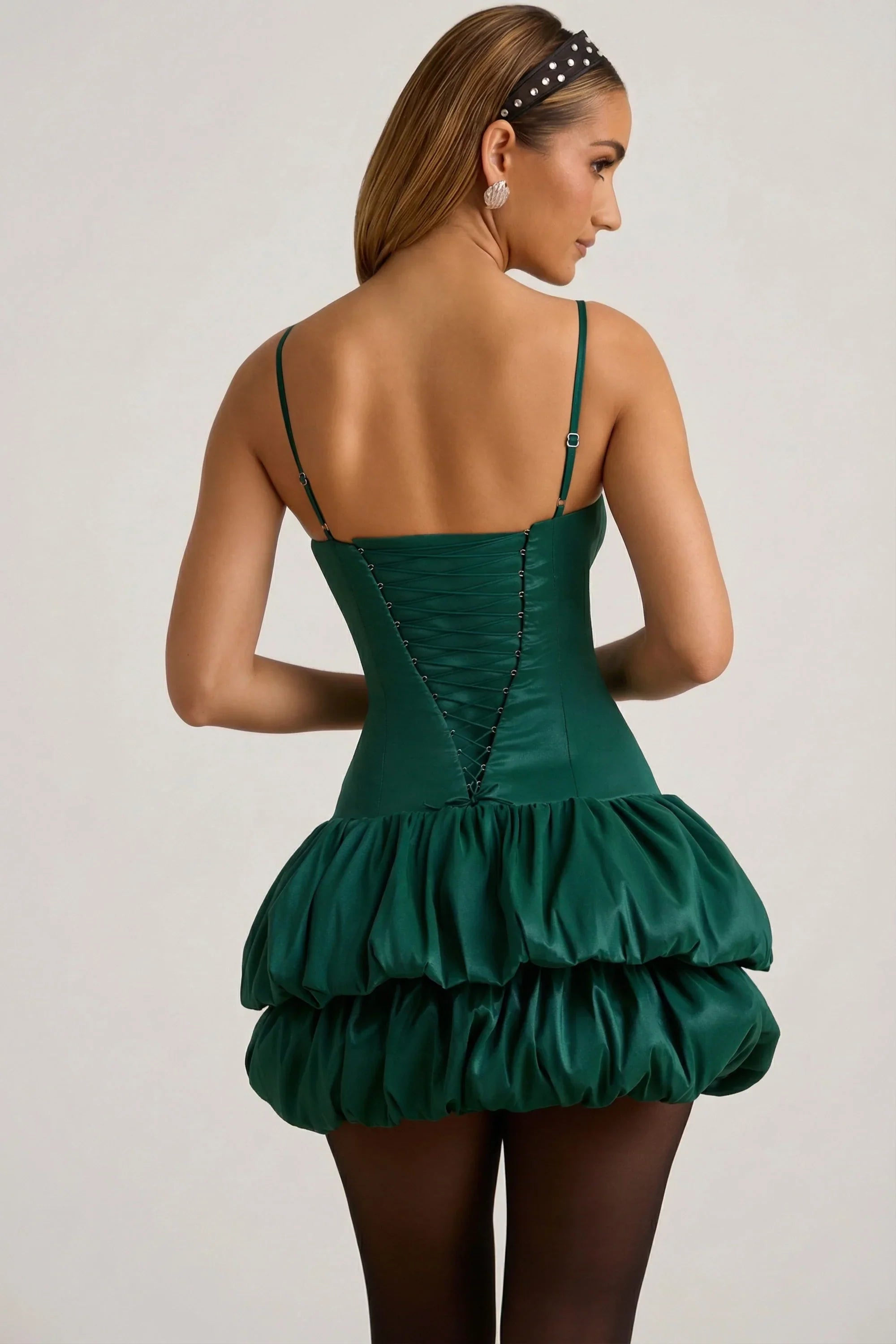 Satin Bubble Hem Corset Mini Dress in Emerald Green