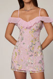 Embellished Lace Up A Line Mini Dress in Soft Pink