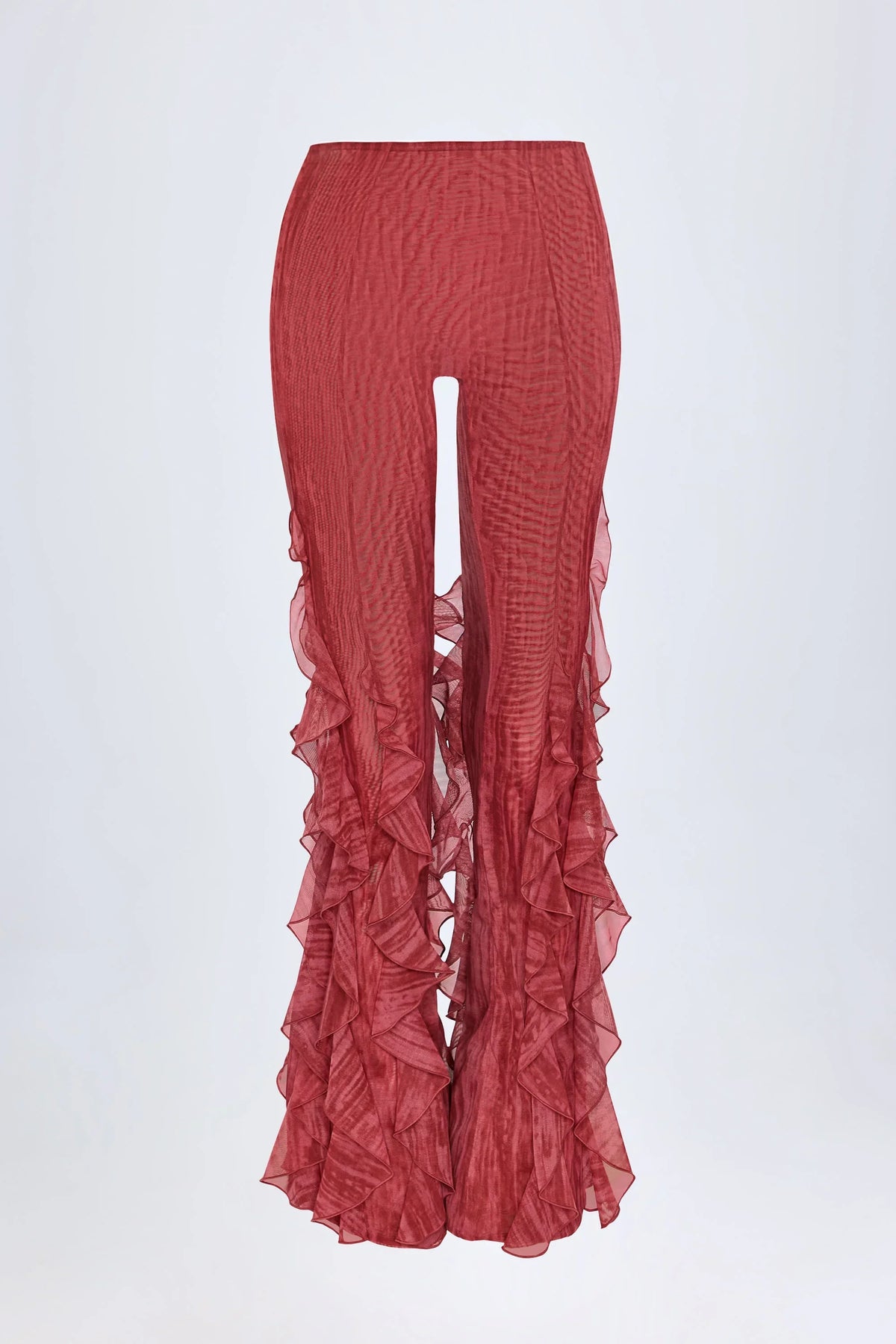 Ruffled Mid Rise Flared Trousers in Red Print