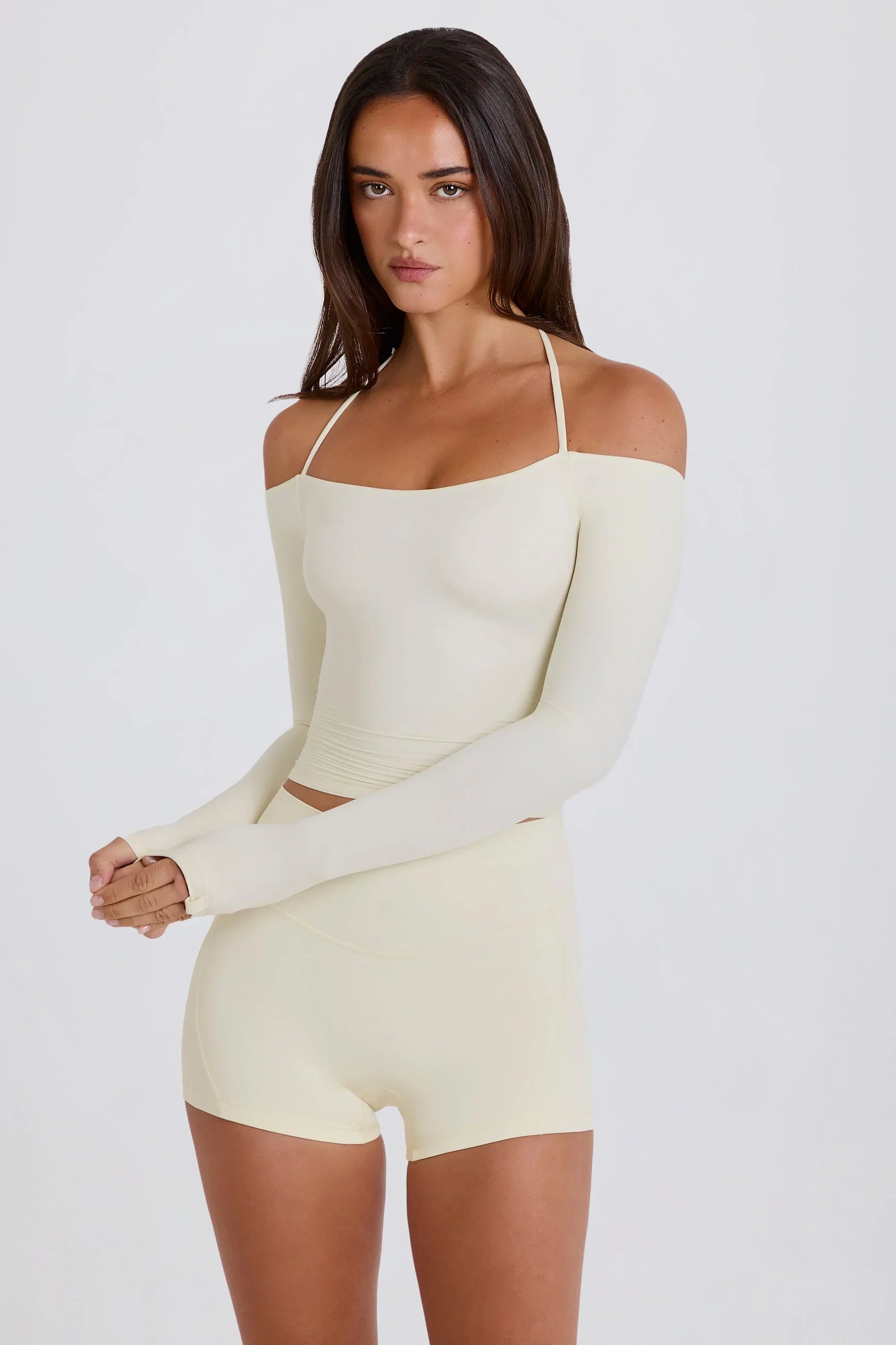 Soft Jersey Off Shoulder Halterneck Longline Top in Cream