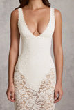 Sheer Lace Scalloped Plunge Bodysuit Midaxi Dress in White
