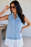 Smooth Sailing Light Wash Sleeveless Collared Chambray Tank