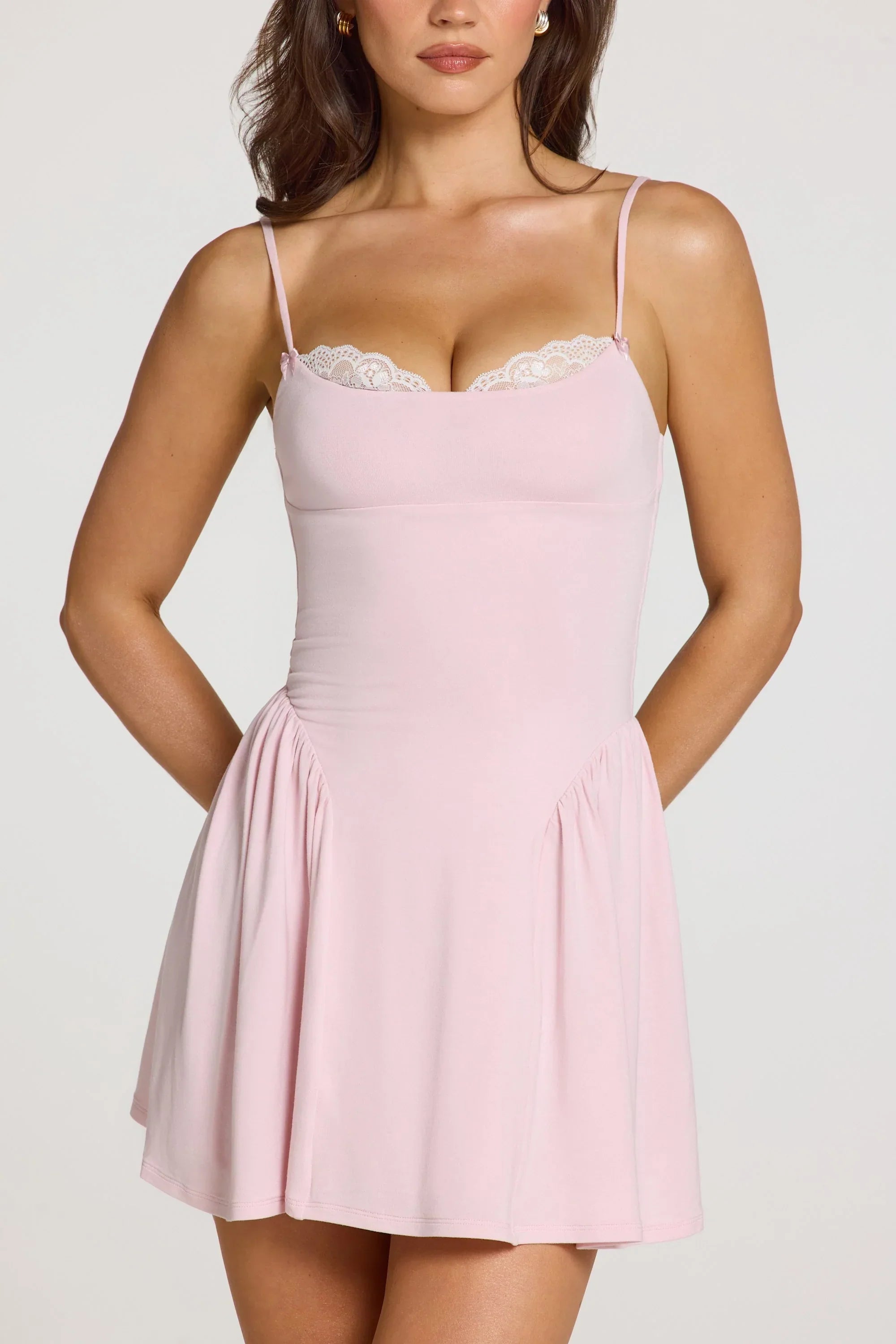 Modal Lace Trim Mini Dress in Baby Pink