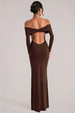 Off Shoulder Long Sleeve Maxi Dress in Chocolate Brown
