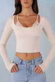 Ribbed Modal Long Sleeve Laced Bra Top in Ivory