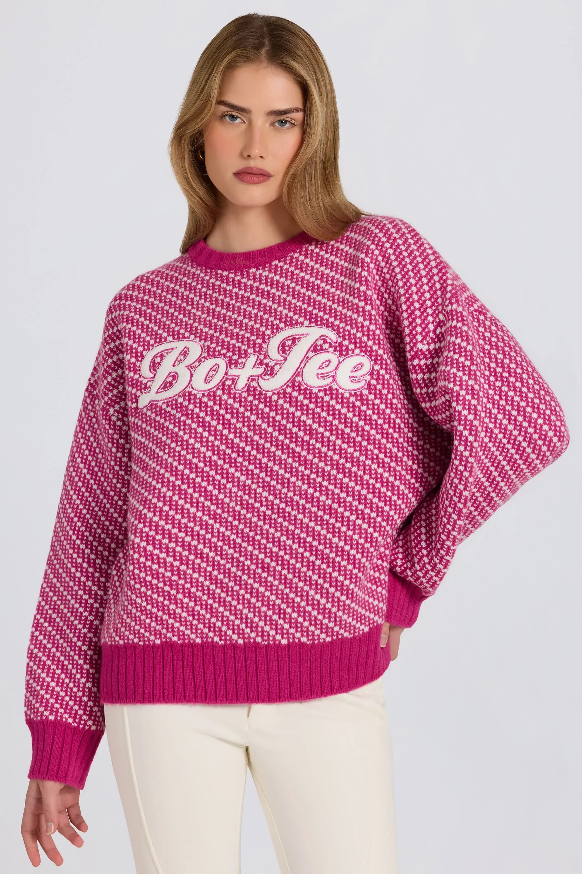 Knit Logo Oversized Jumper in Magenta Pink