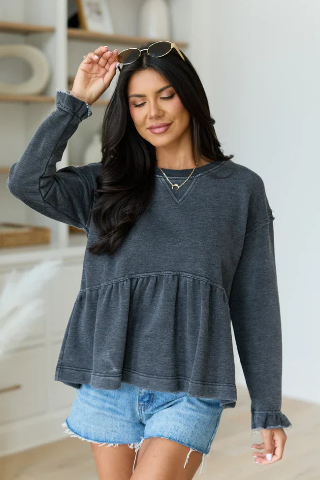Smokey Grey Tiered Long Sleeve Top