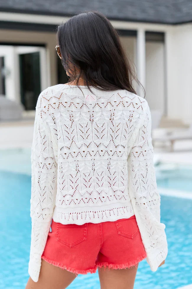Jayce Ivory Pointelle Cropped V Neck Sweater