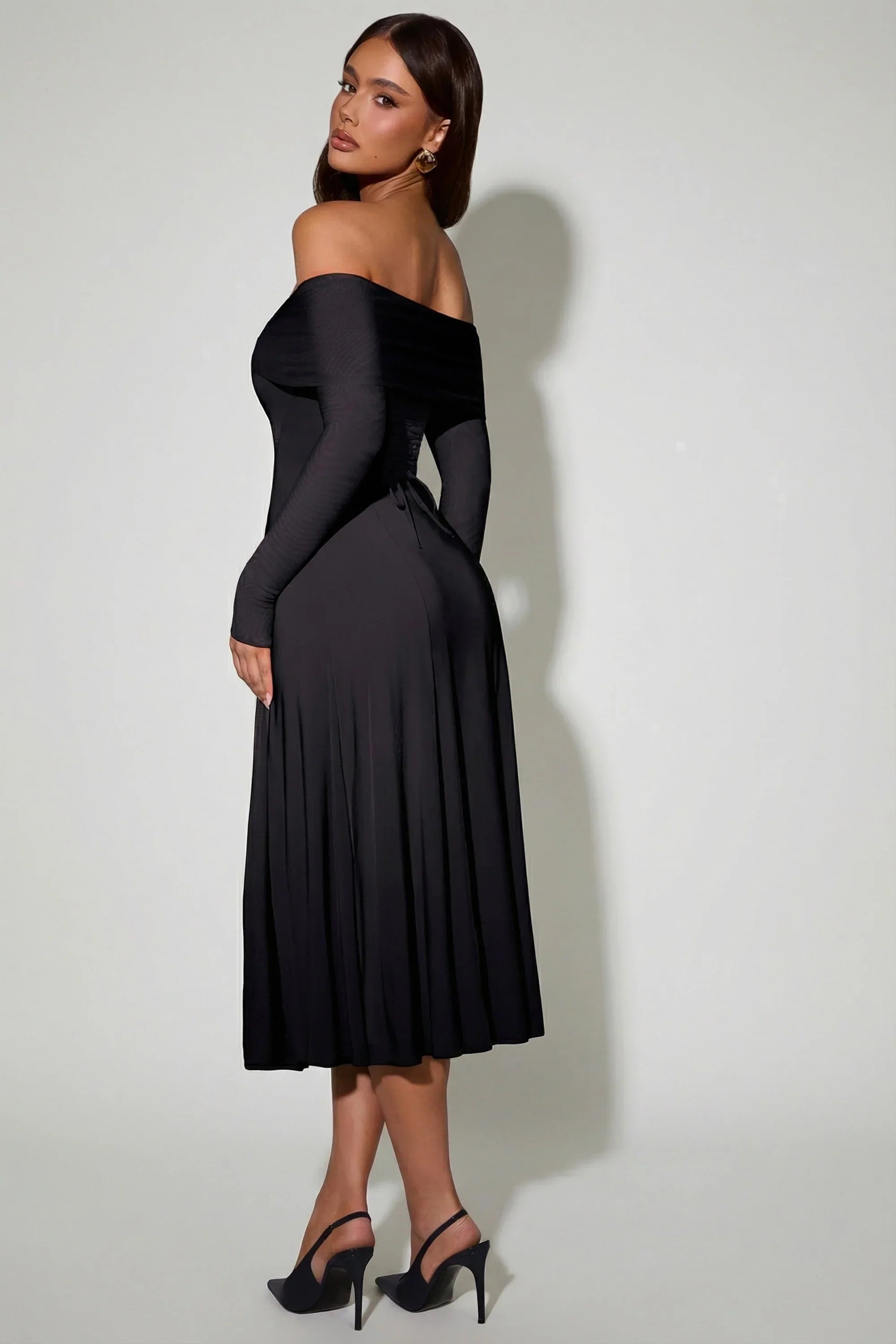 Off Shoulder Lace Up A Line Midaxi Dress in Black