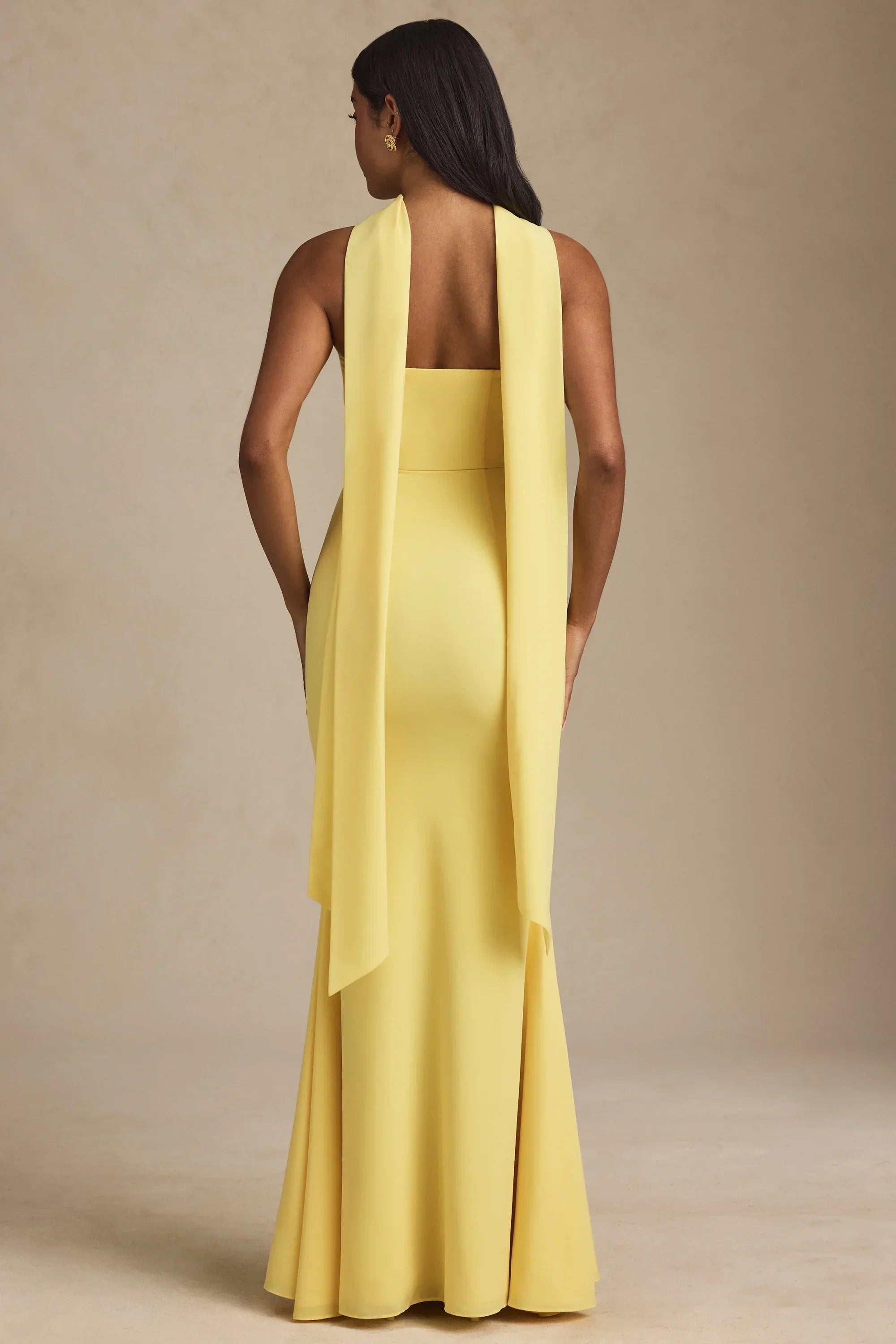 Scarf Detail Strapless Gown in Pastel Yellow