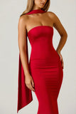 Scarf Detail Strapless Gown in Scarlet Red