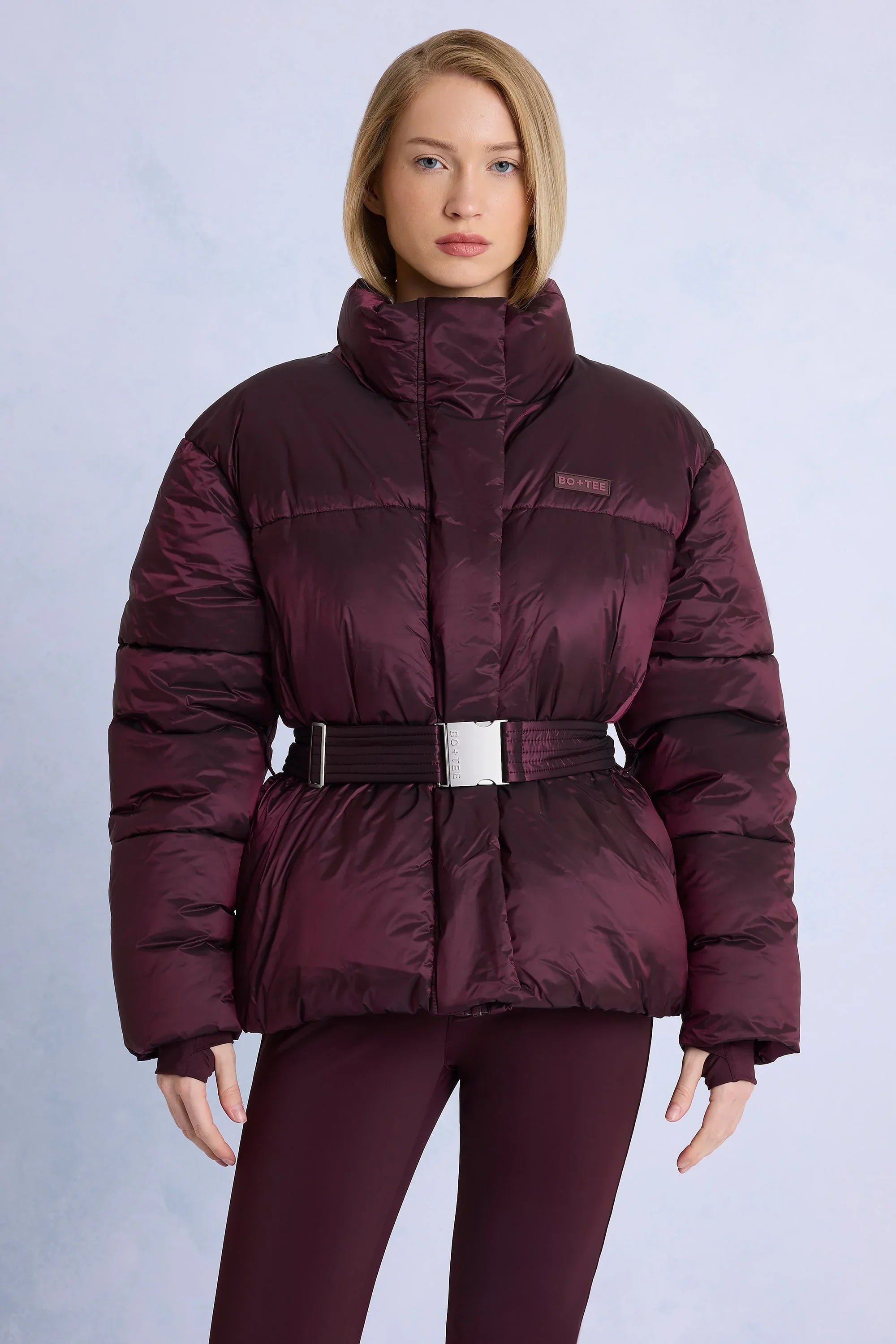 Waterproof Belted Oversized Ski Jacket in Burgundy