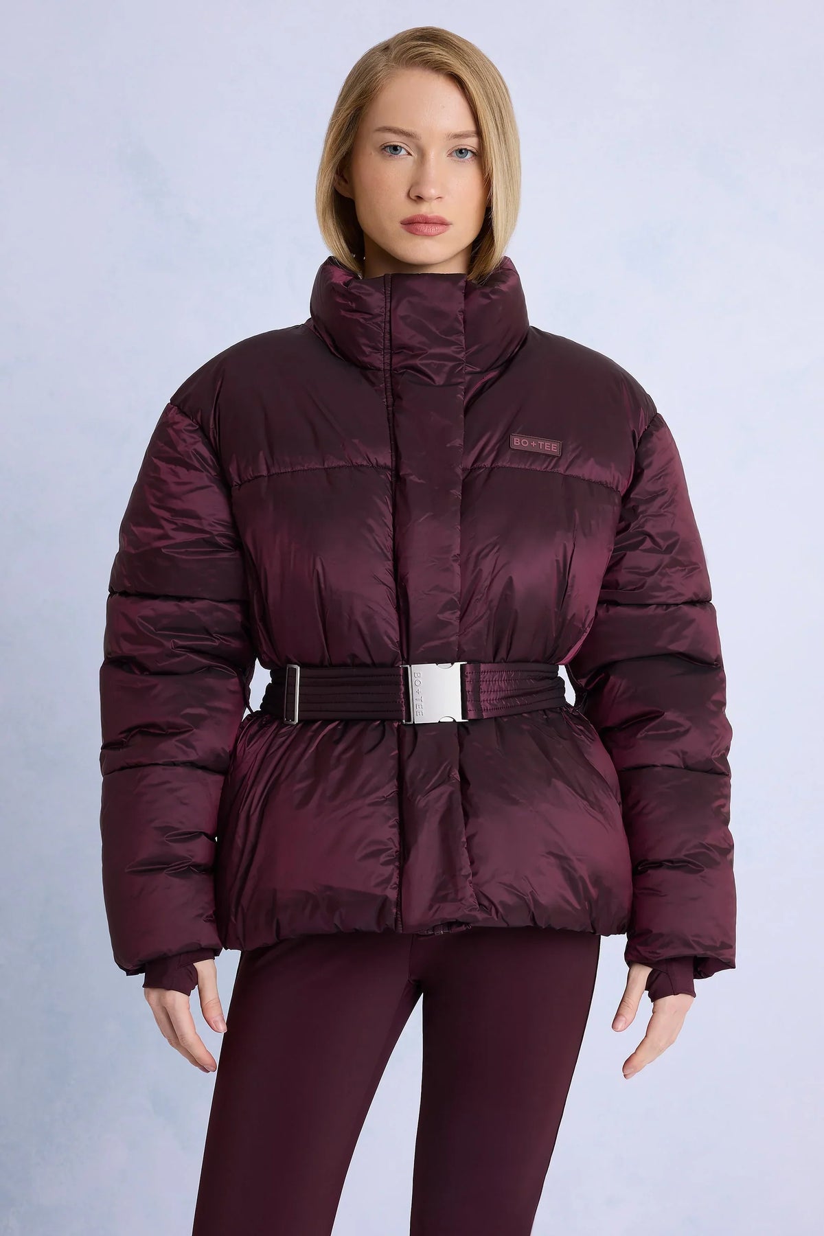 Waterproof Belted Oversized Ski Jacket in Burgundy