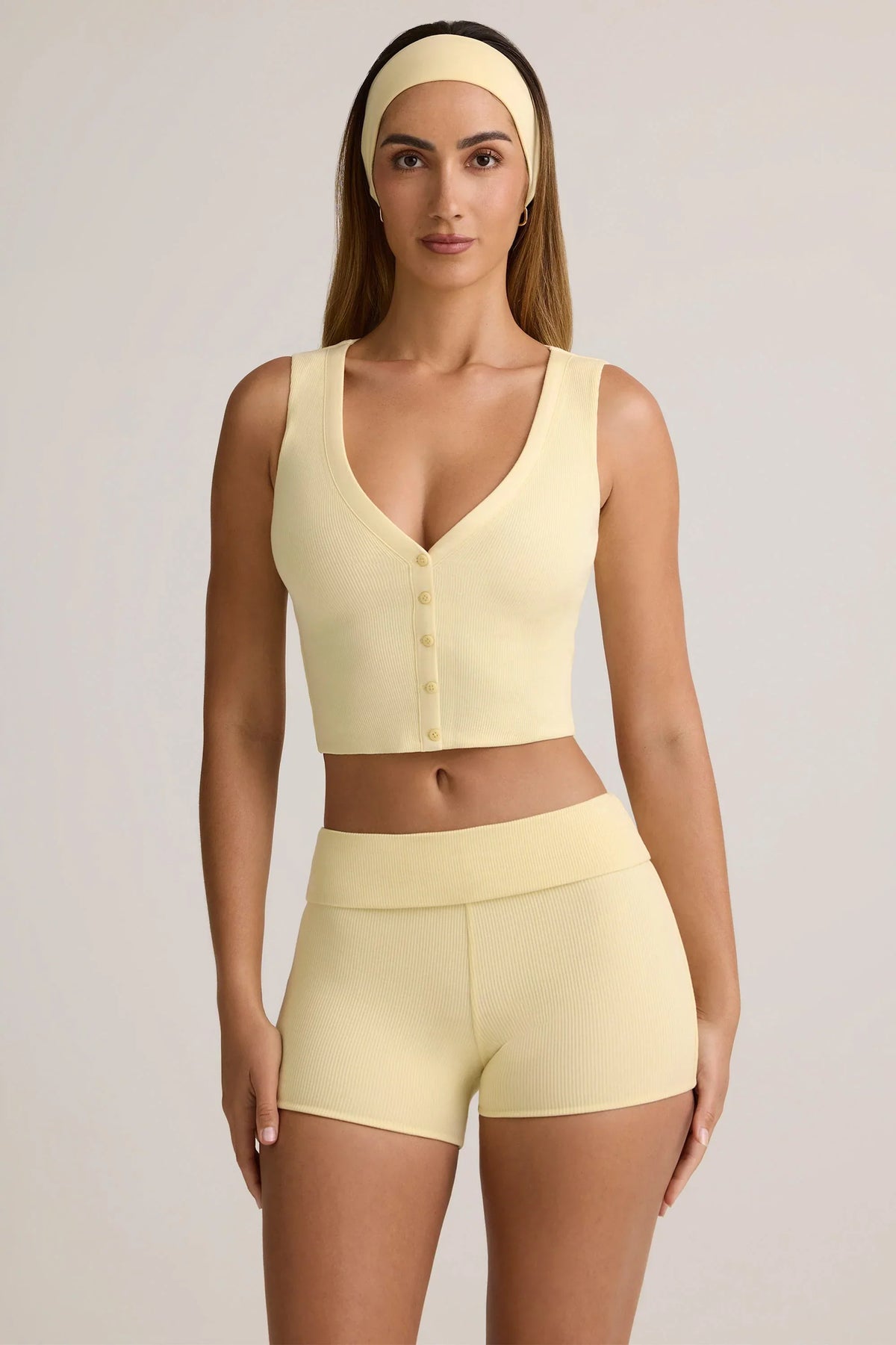Modal Ribbed Button Up Vest Top in Buttercream Yellow