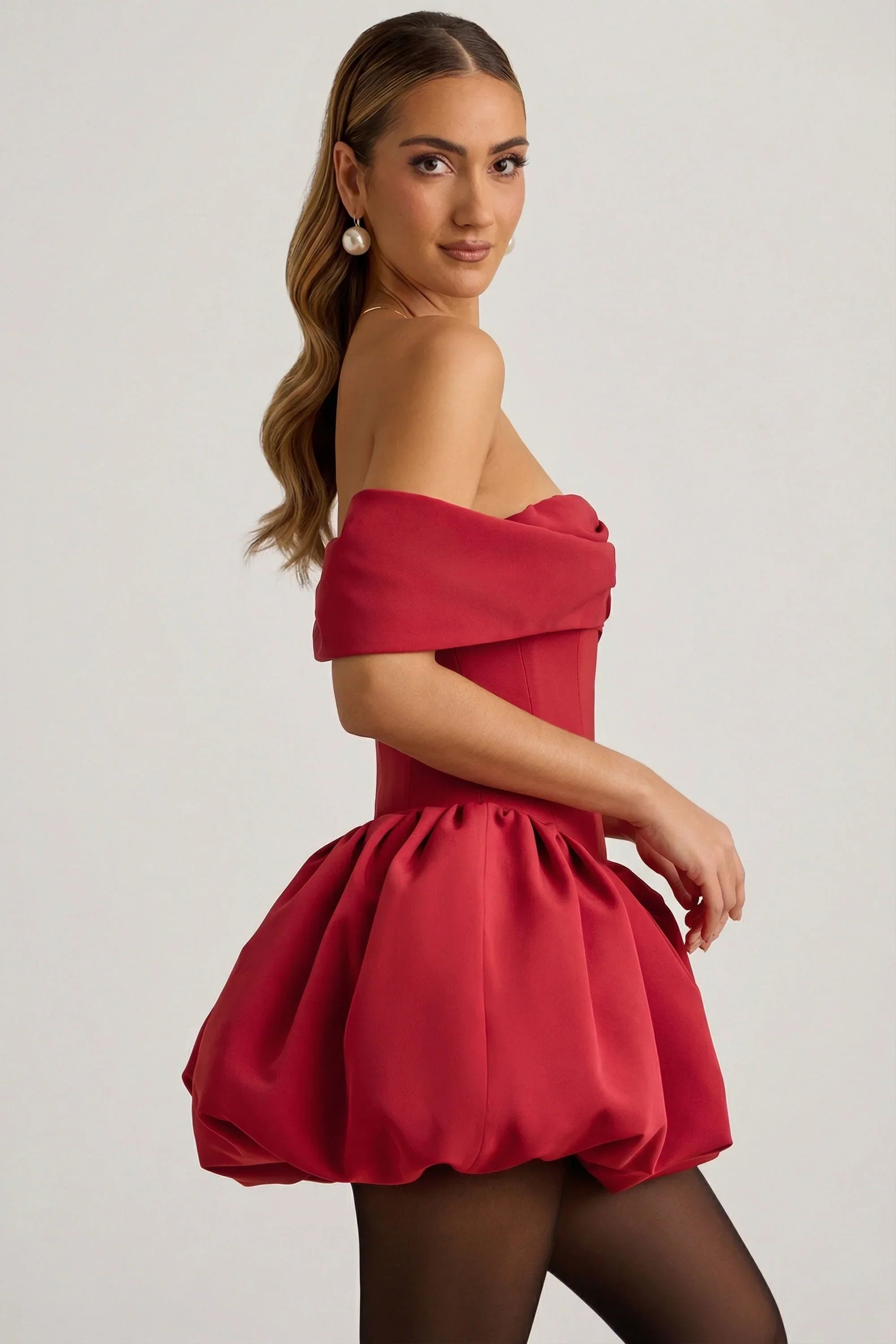 Off Shoulder Layered Bubble Hem Corset Mini Dress in True Red
