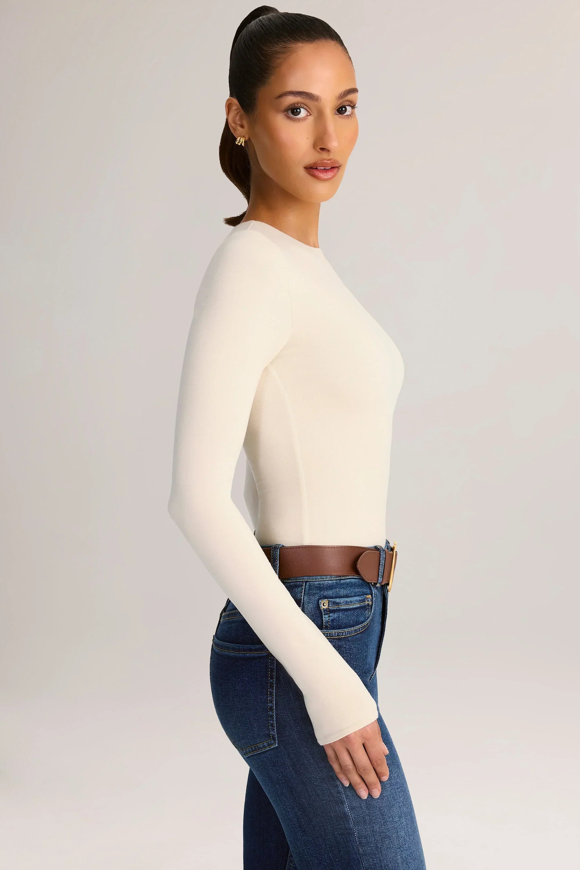 Modal Round Neck Long Sleeve Bodysuit in Cream