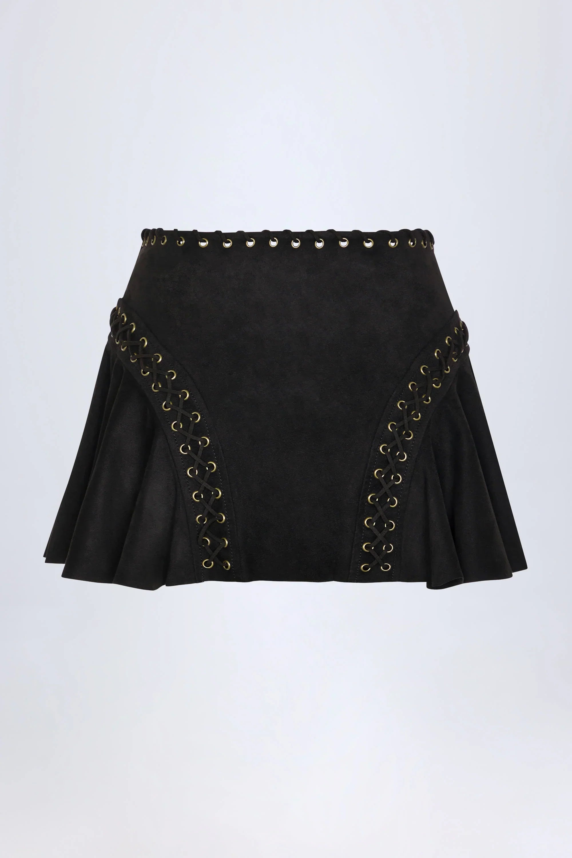 Lace Up Mid Rise Mini Skirt in Black