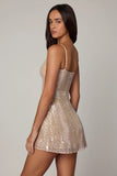 Embellished V neck Lace Mini Dress in Pale Peach