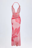Cowl Neck Hardware Detail Maxi Dress in Pink Orchid Print