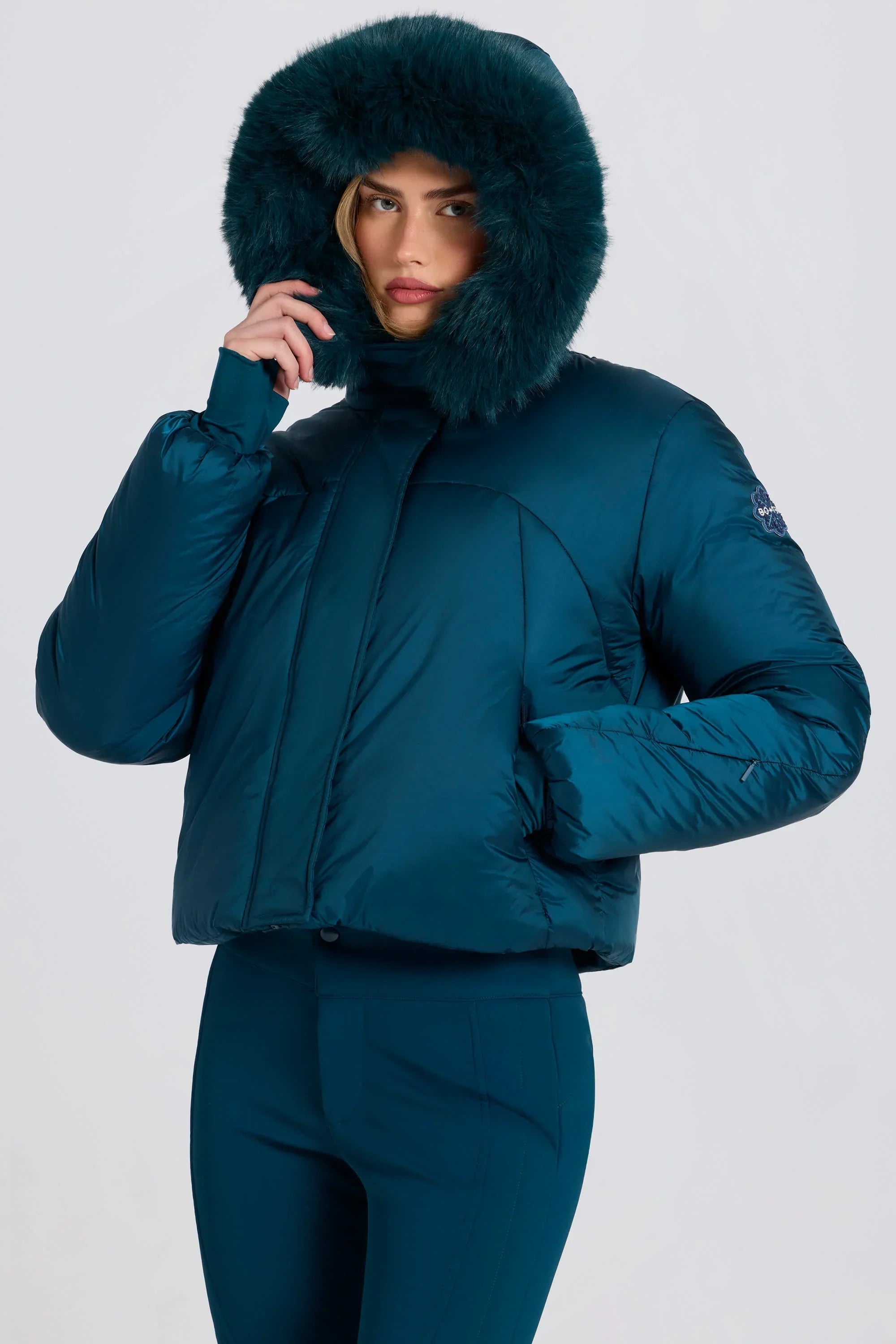 Waterproof Faux Fur Hood Cropped Ski Jacket in Teal