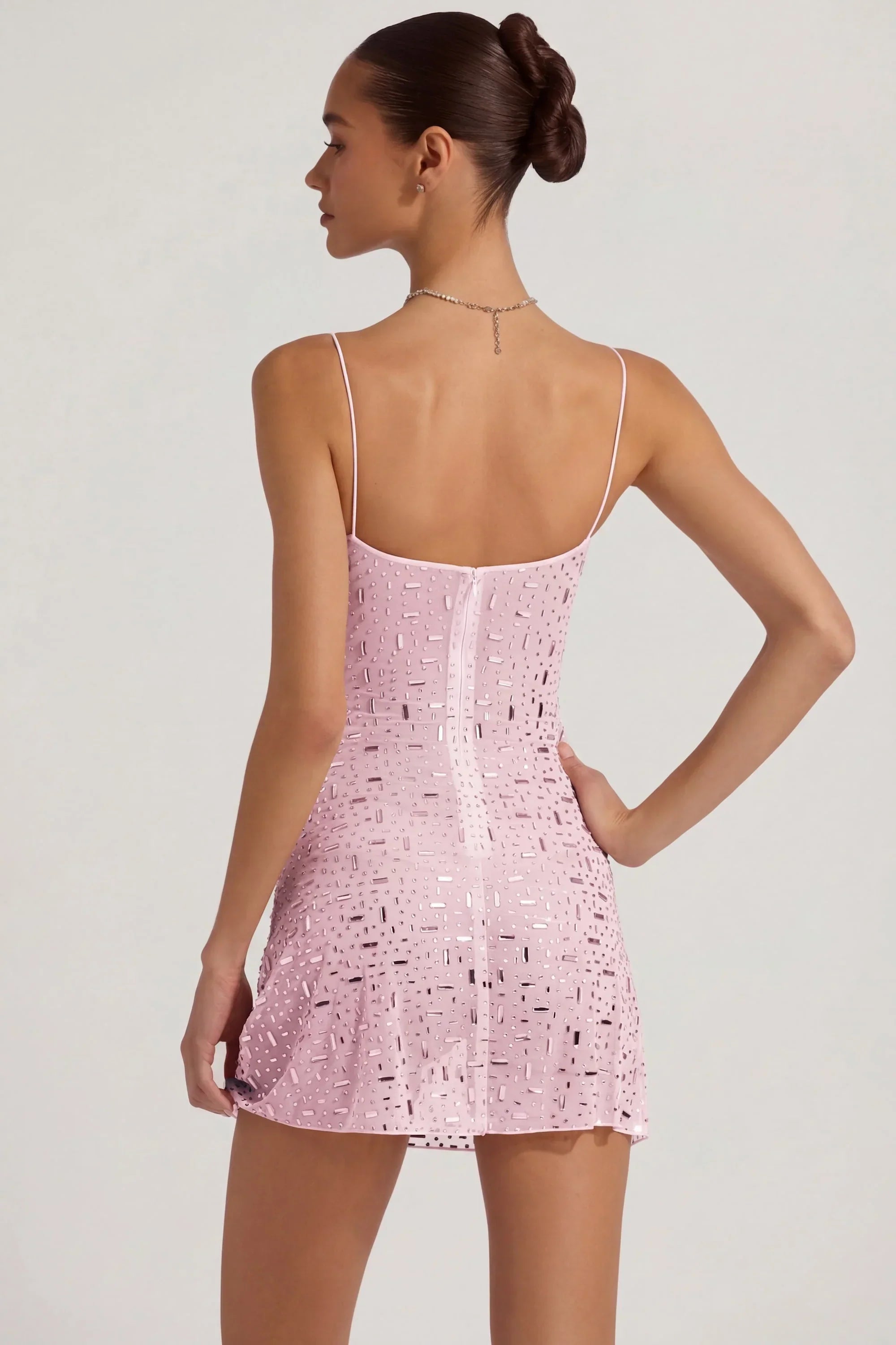 Sheer Embellished Square Neck Mini Dress in Pink
