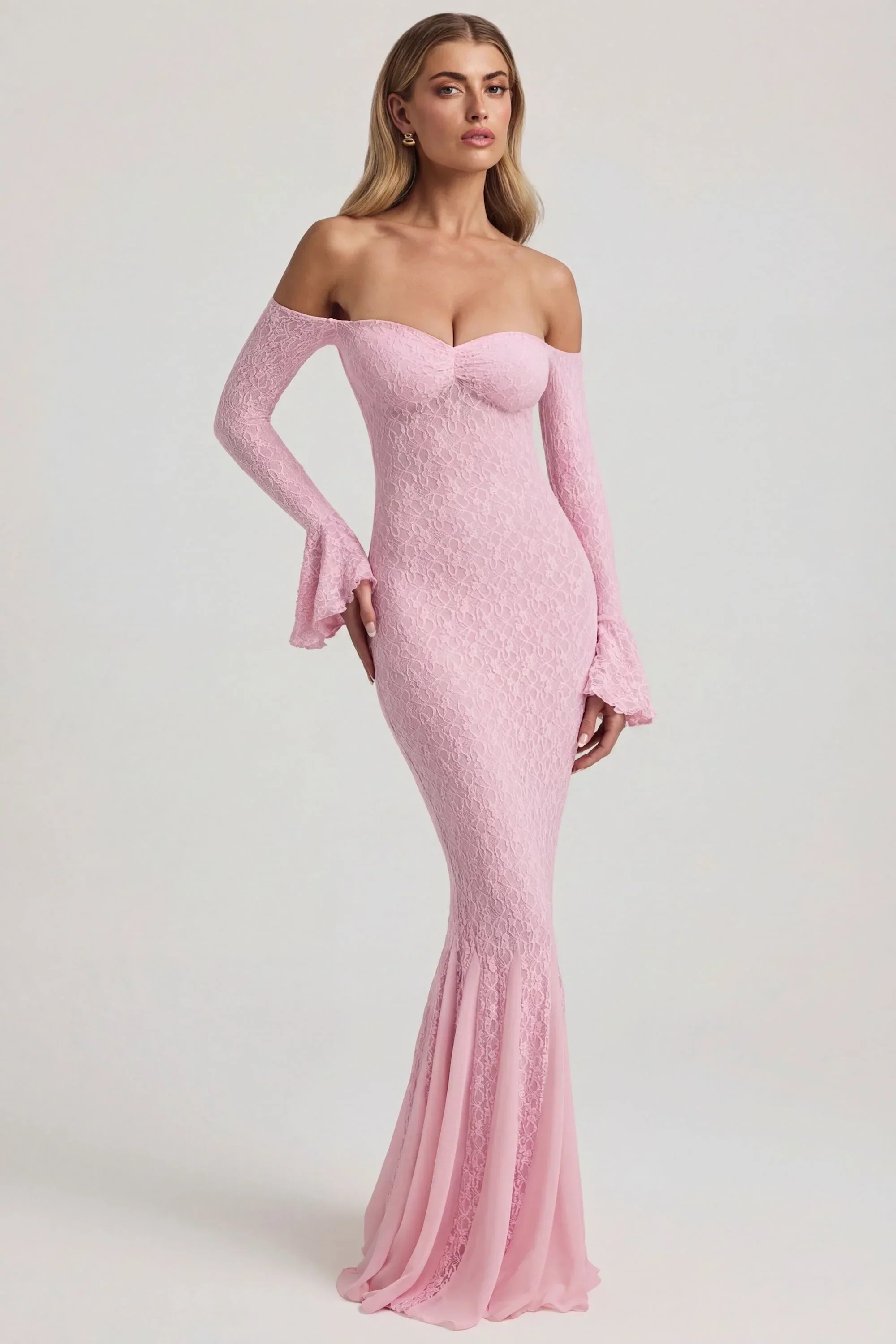 Off Shoulder Ruffle Lace Maxi Dress in Soft Pink