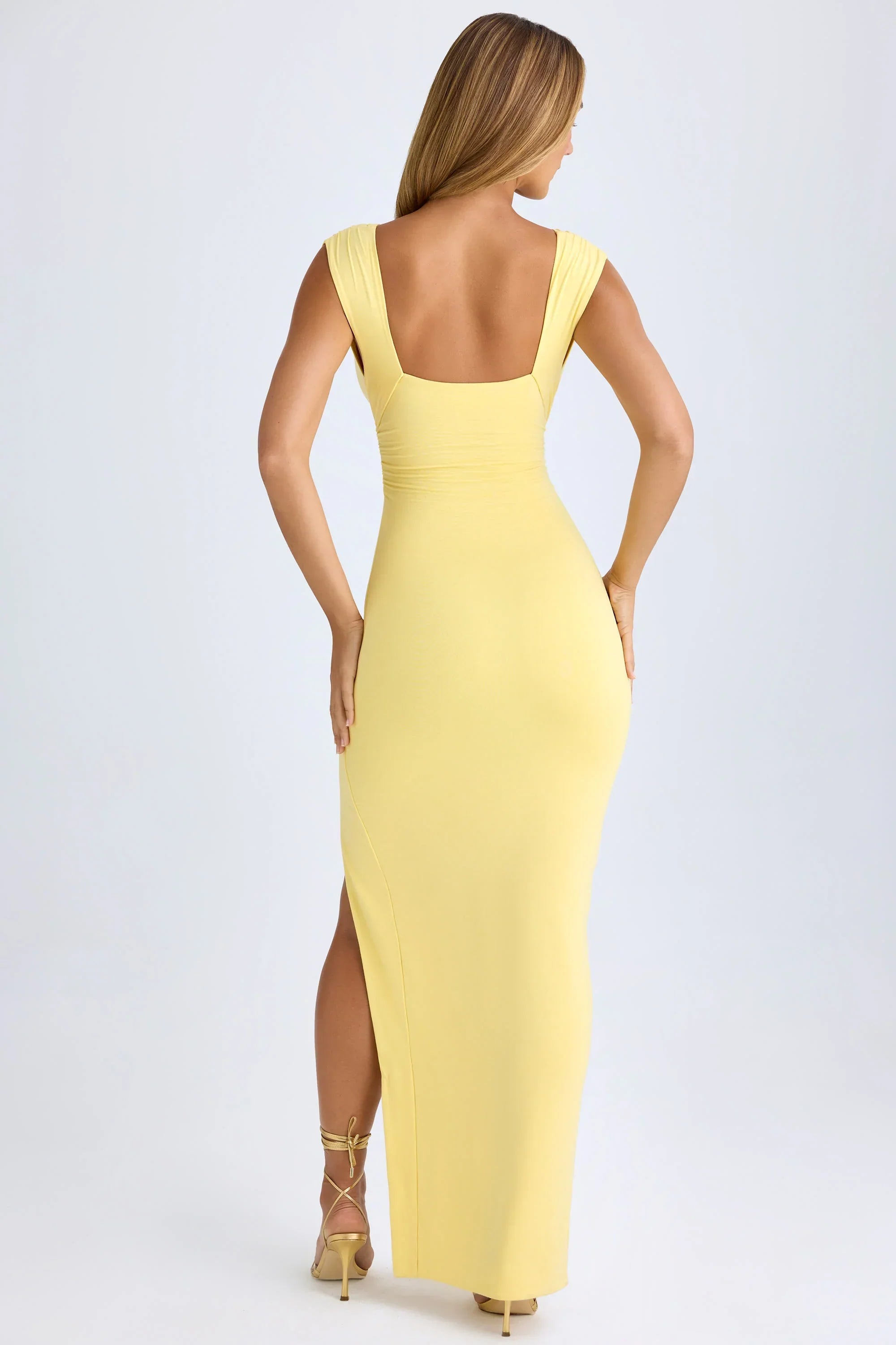 Modal Plunge Neck Thigh Split Maxi Dress in Lemon Sherbet