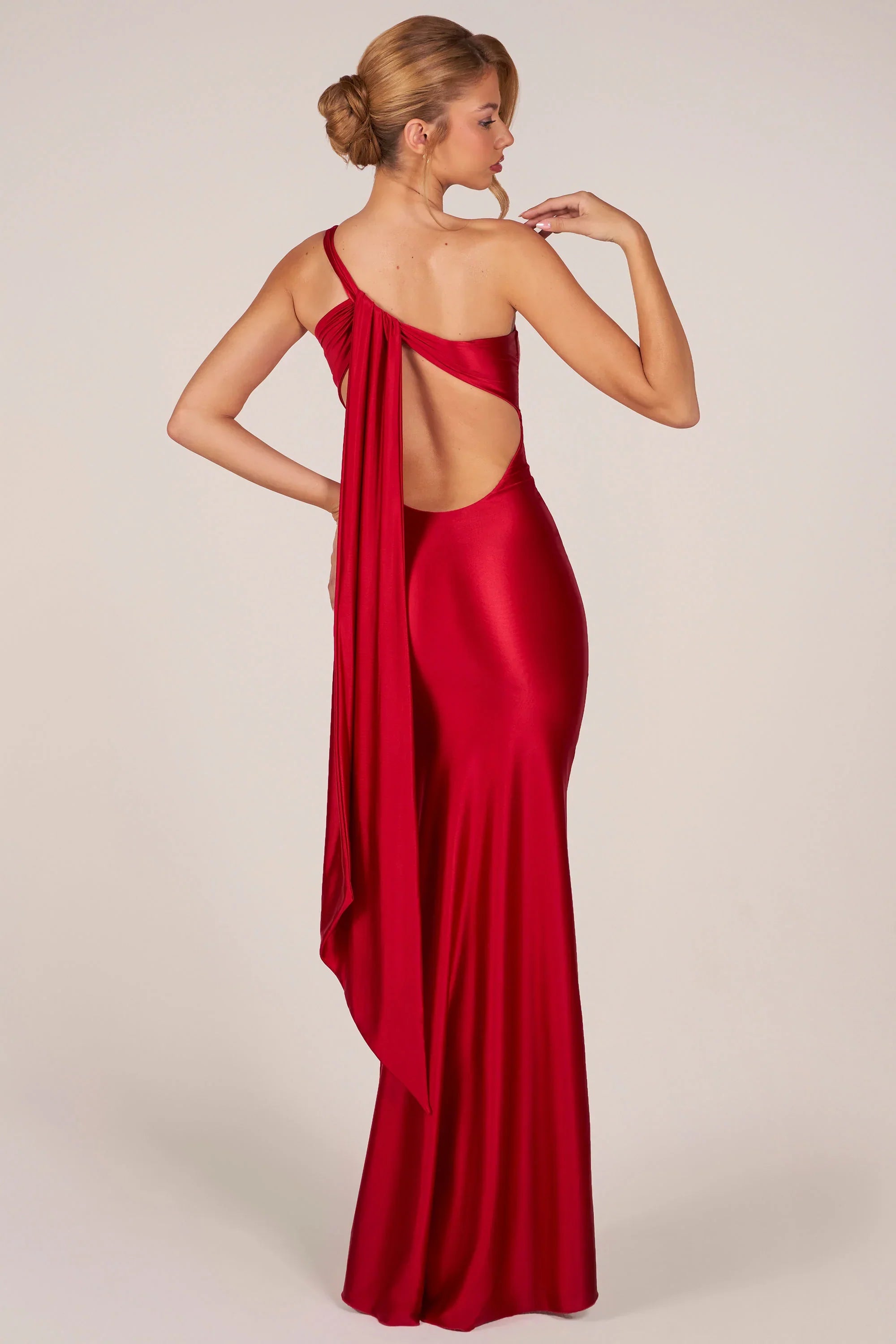 Asymmetric Tie Back Gown in Cherry