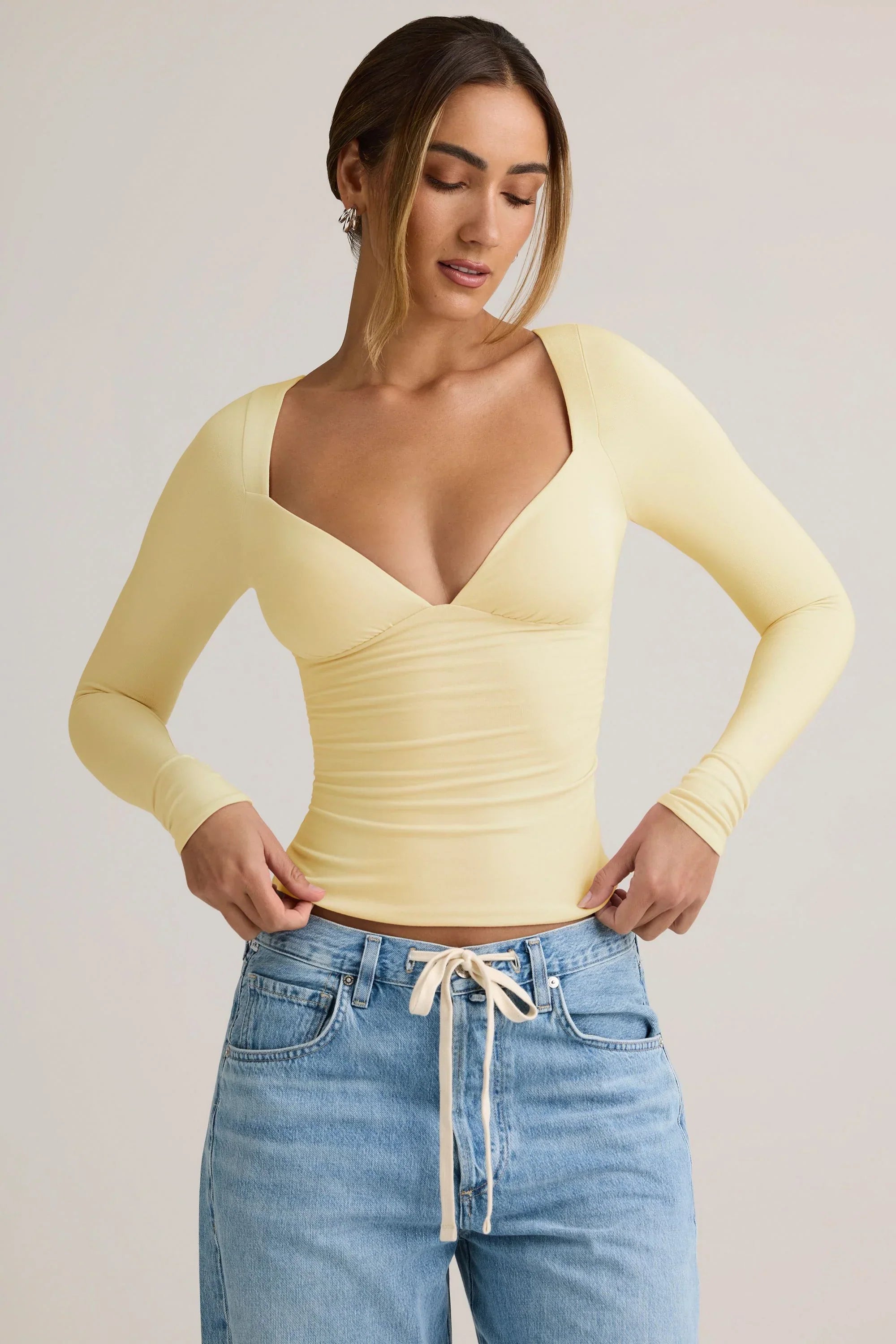 Modal Ruched Long Sleeve Top in Buttercream Yellow
