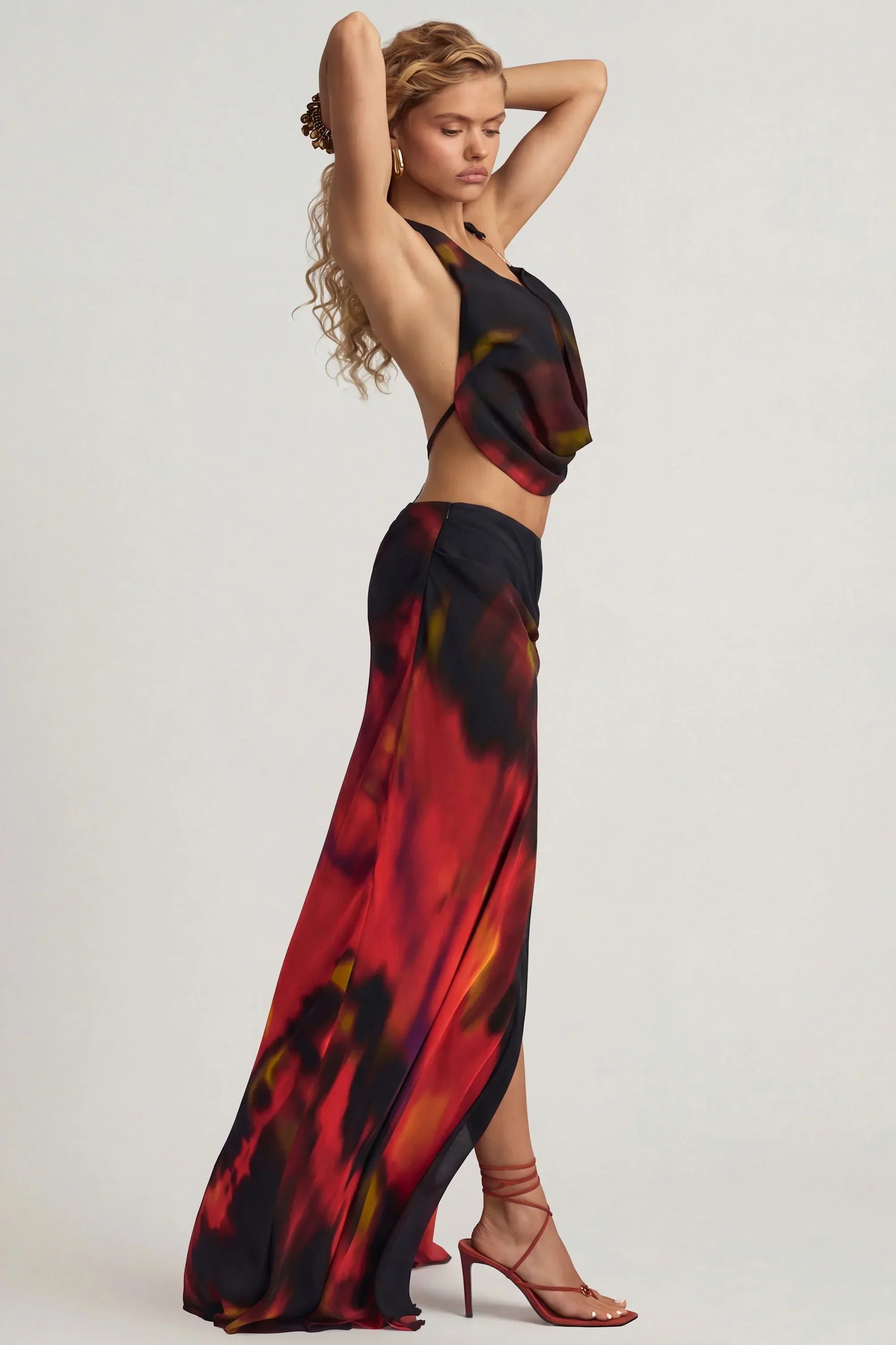 Mid Rise Split Maxi Skirt in Red Blurred Print