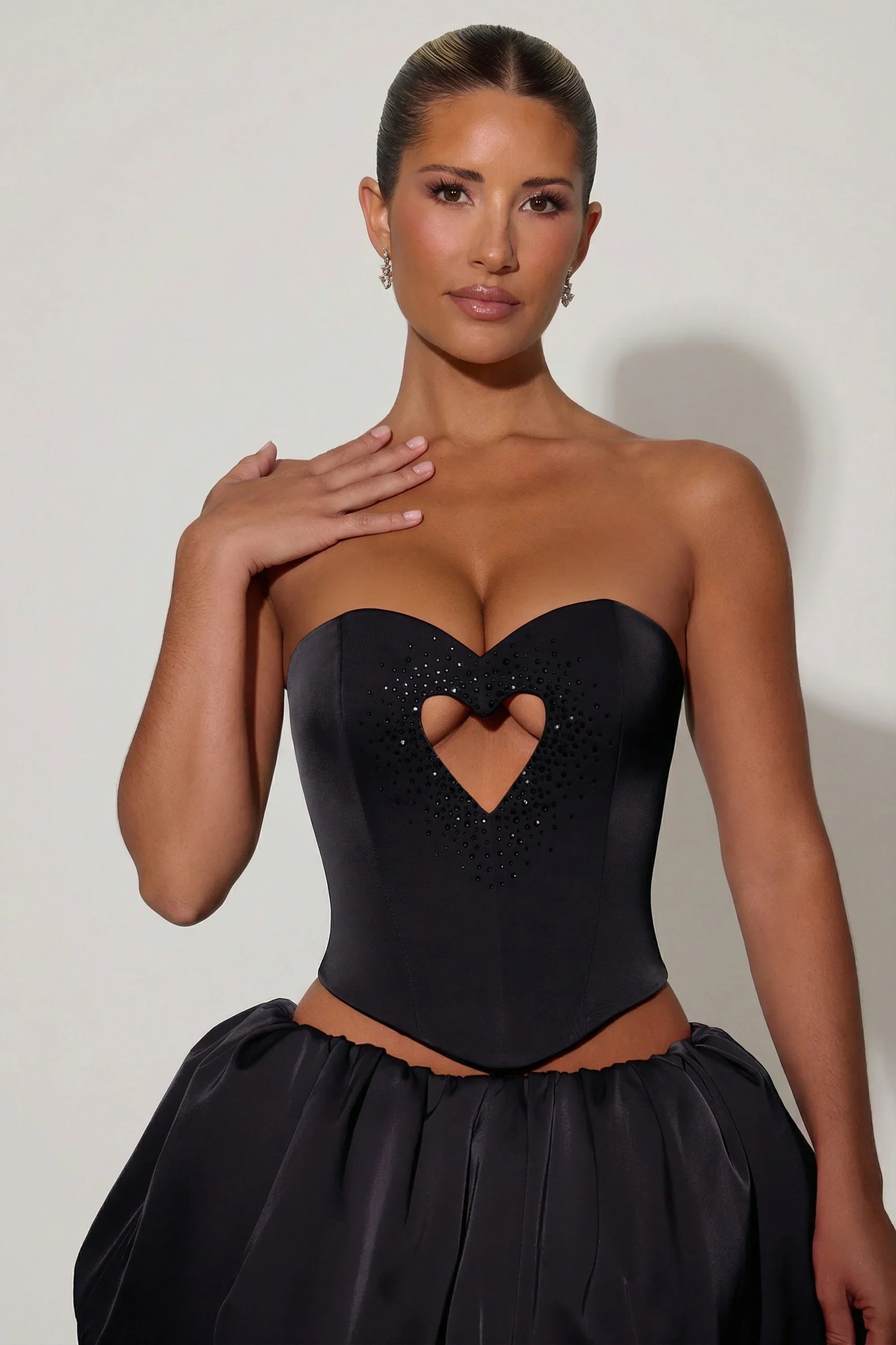 Embellished Heart Cut Out Strapless Corset Top in Black
