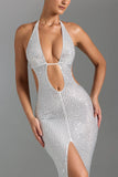 Embellished Cut Out Halterneck Maxi Dress in White
