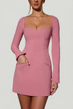 Sweetheart Neck Long Sleeve A Line Mini Dress in Dusty Pink
