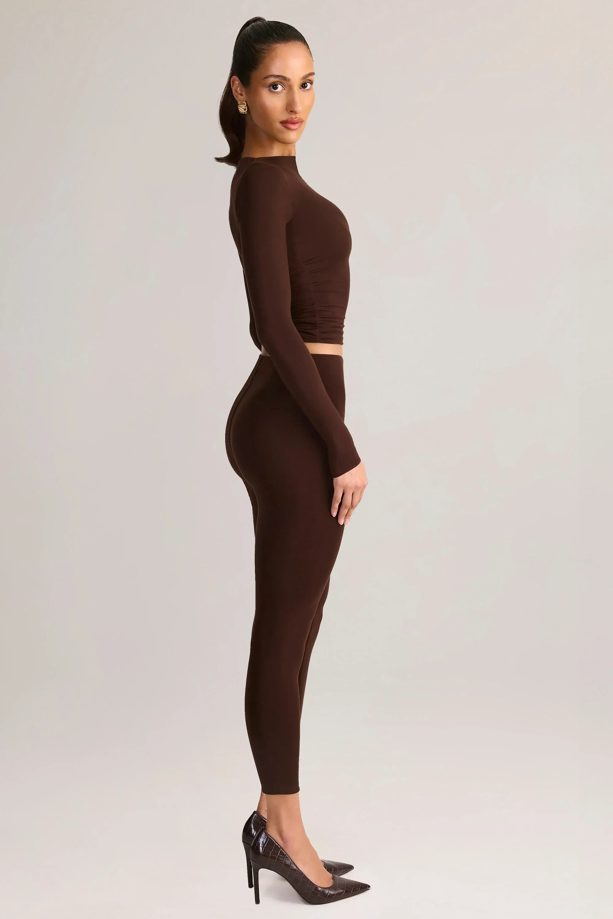 Modal Mid Rise Cropped Leggings in Chocolate Brown