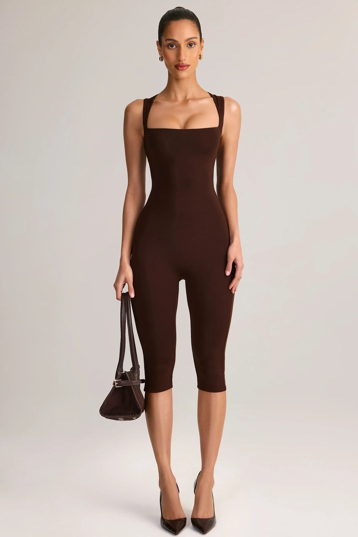 Modal Square Neck Bodycon Capri Jumpsuit in Chocolate Brown