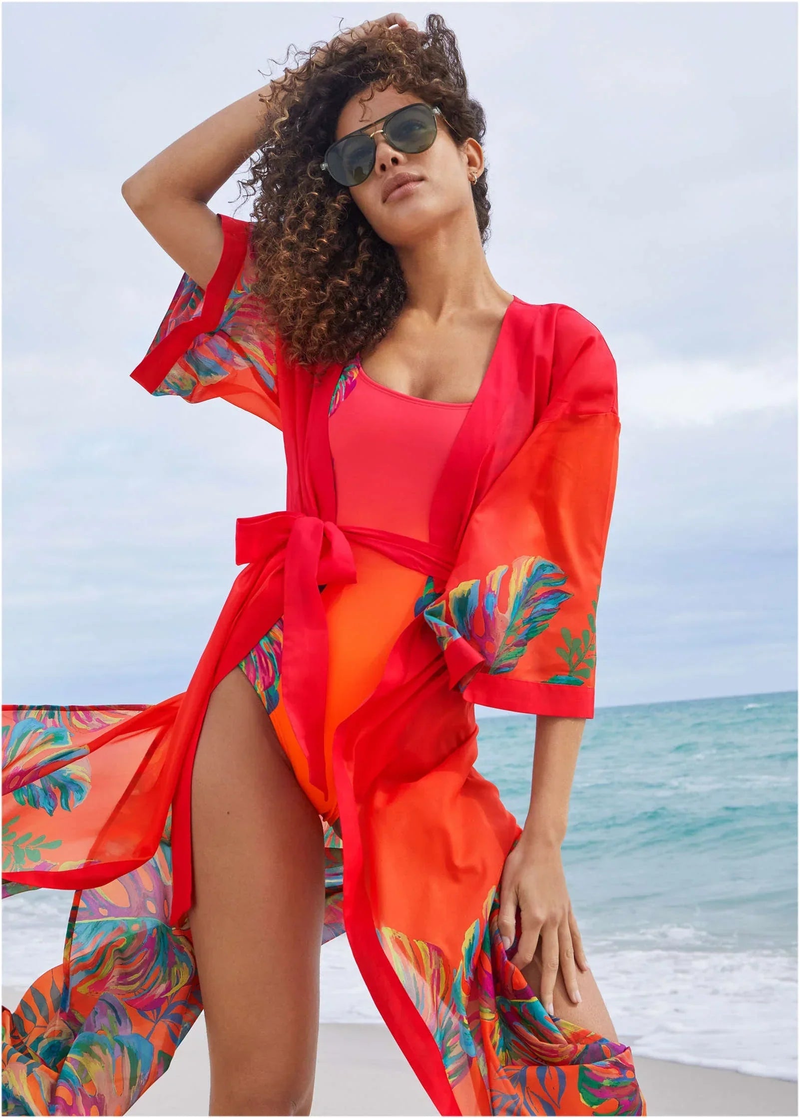 Belted Kimono Cover Up Tropical Sunset Border