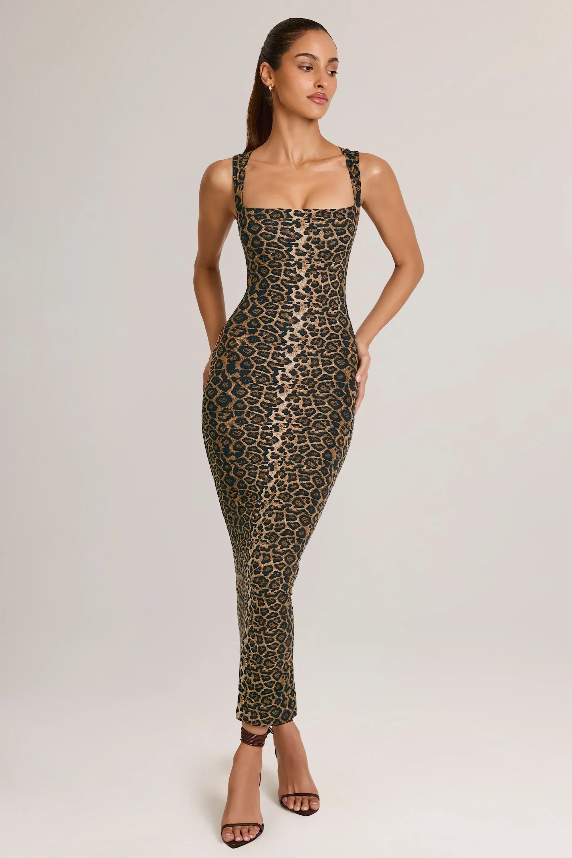 Modal Square Neck Bodycon Midi Dress in Leopard Print