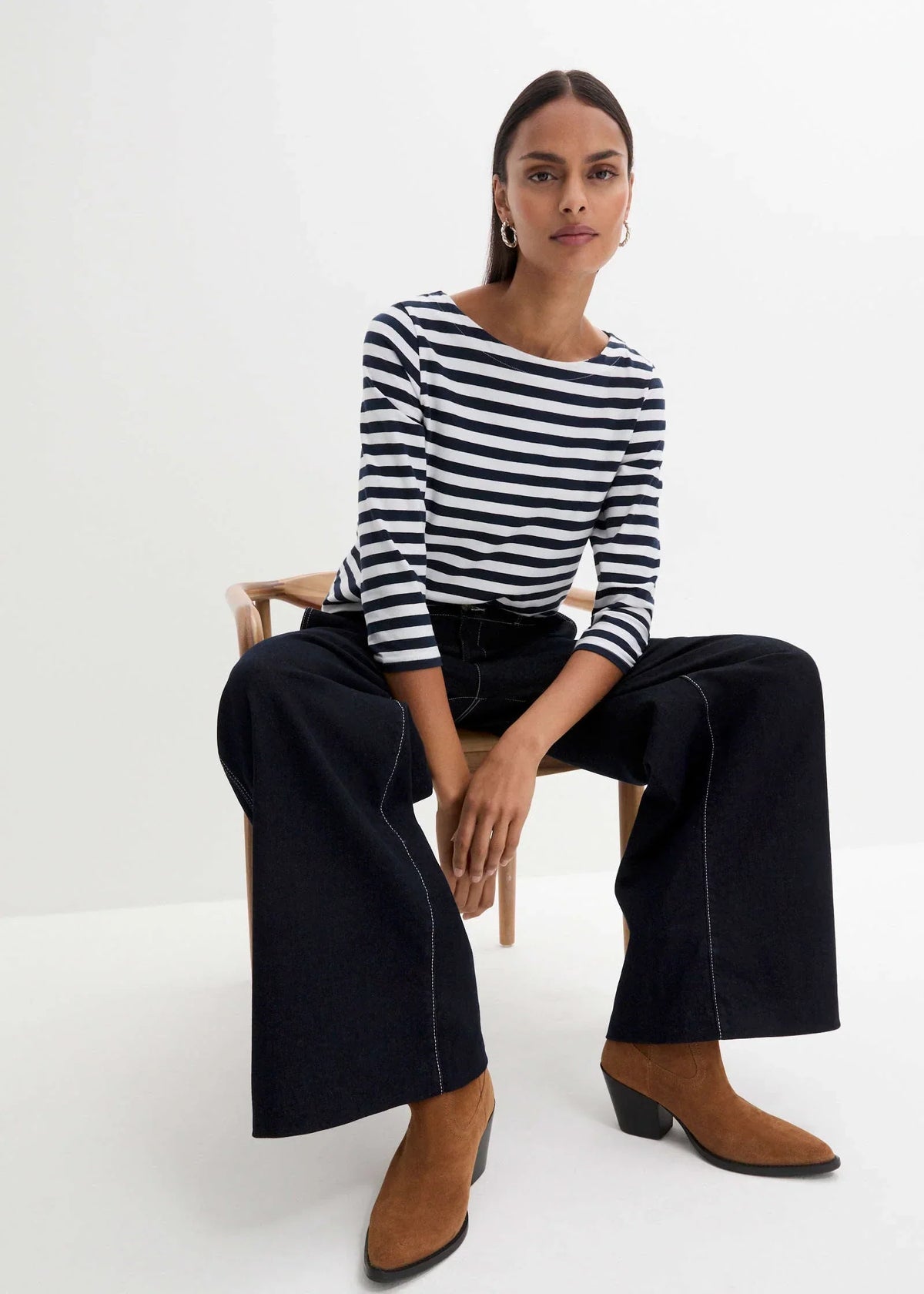 Boat Neck Striped Top White Navy Stripe