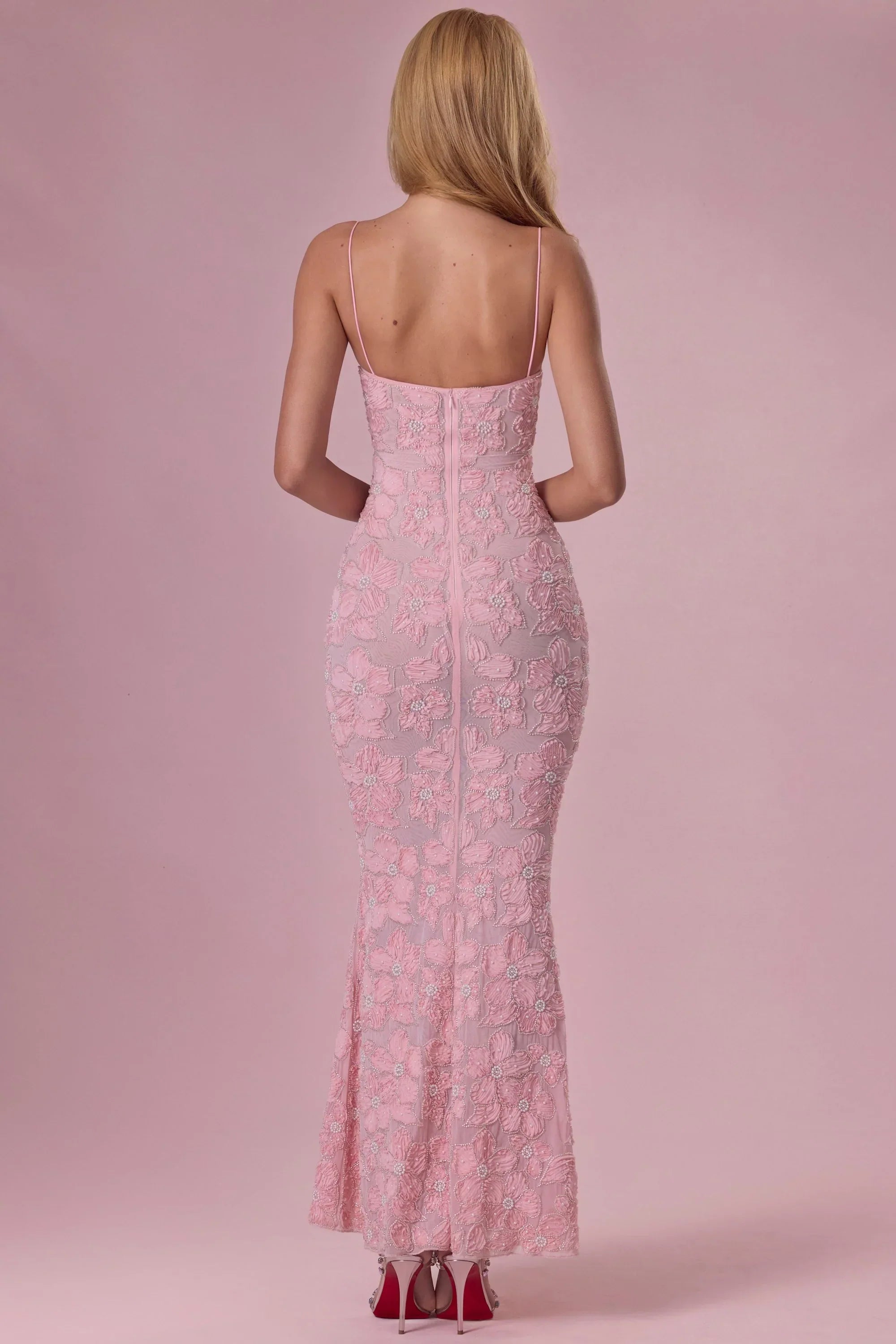 Embellished Square Neck Maxi Dress in Blush