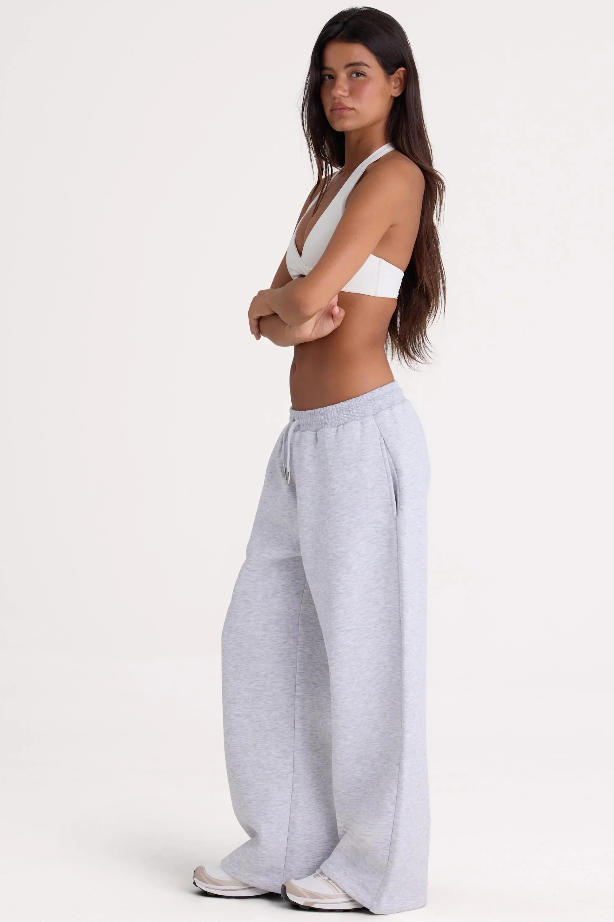 Brushed Jersey Wide Leg Joggers in Grey Marl