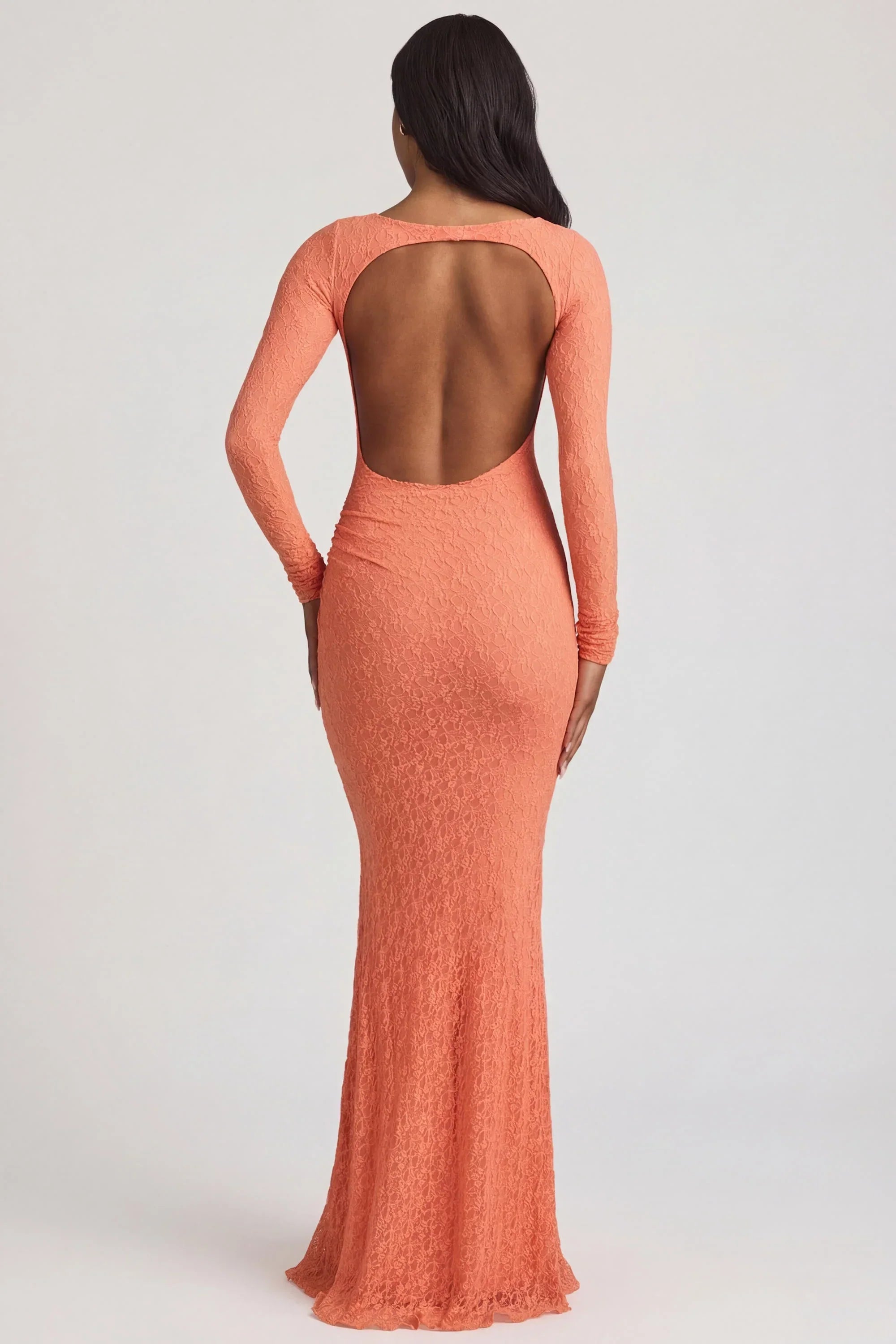 Ruched Backless Lace Maxi Dress in Peach