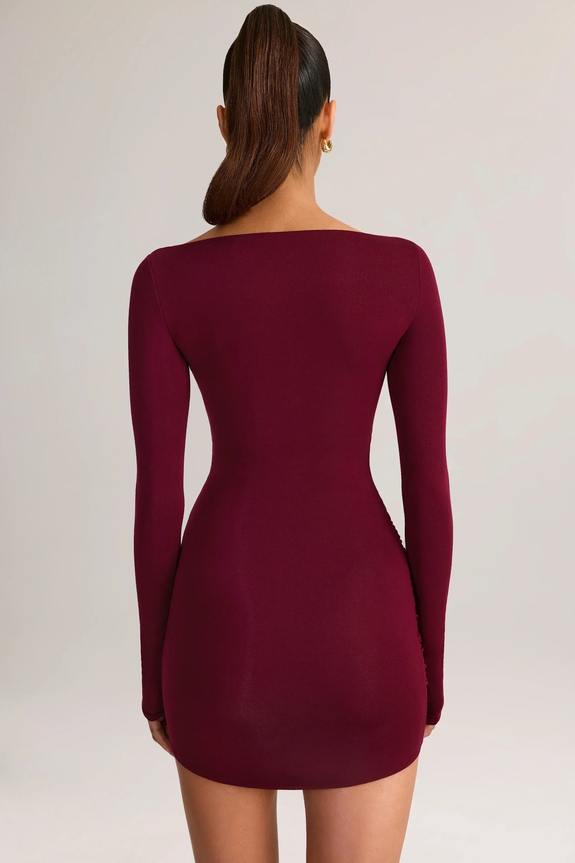 Modal Boat Neck Draped Long Sleeve Mini Dress in Wine